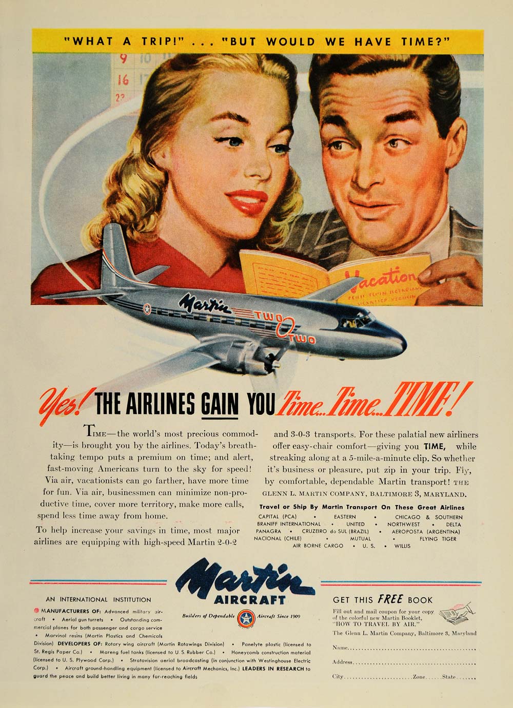 1947 Ad Martin Aircraft 2-0-2 Two-O-Two Airplane Plane - ORIGINAL TM1