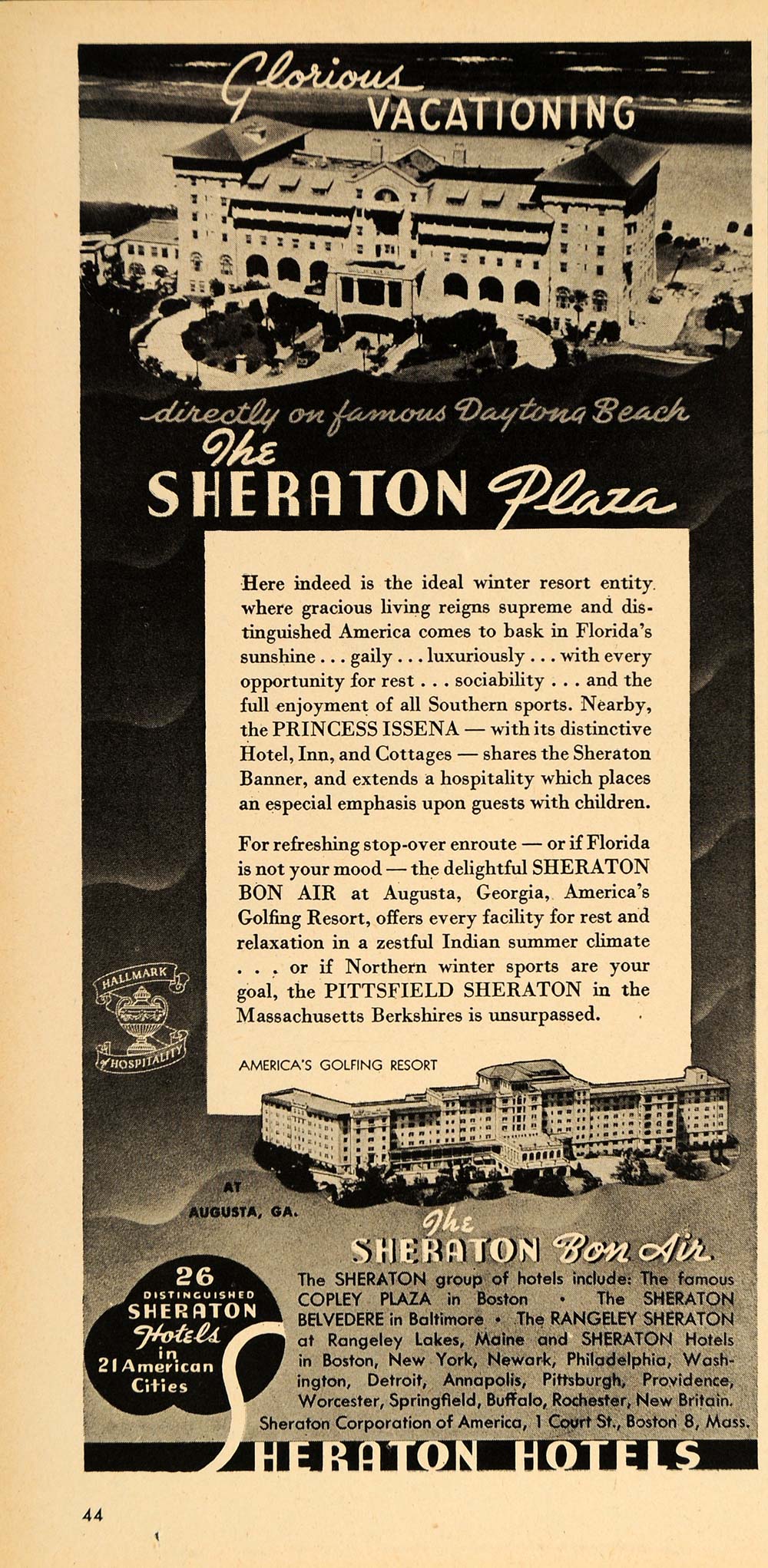 1946 Ad Sheraton Plaza Bon Air Hotel Daytona Beach - ORIGINAL ADVERTISING TM1