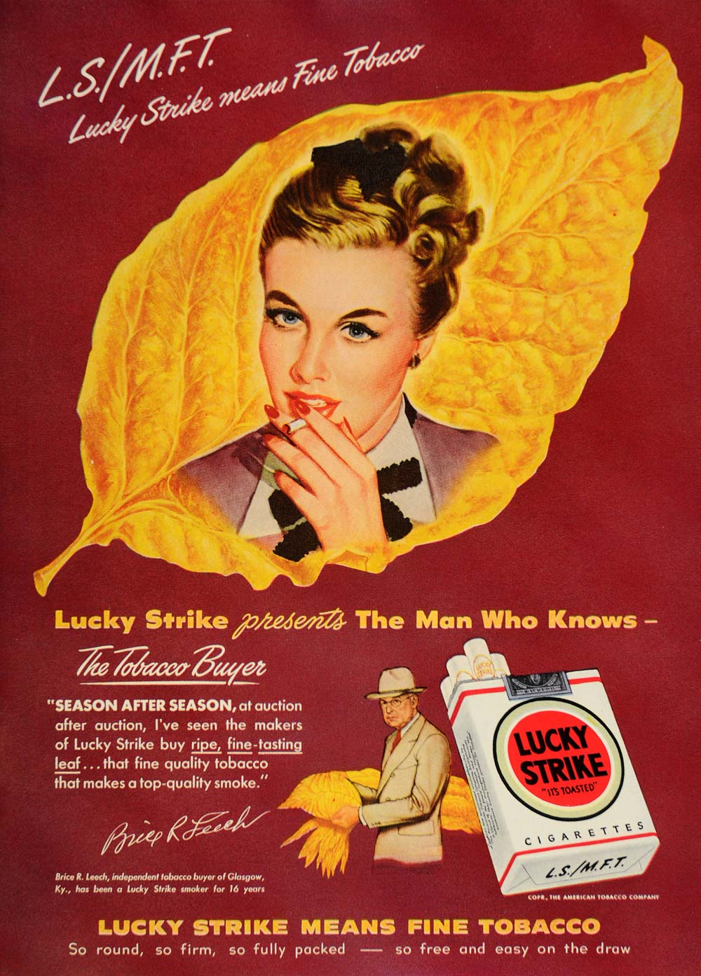 1948 Ad Lucky Strike Cigarettes Brice R. Leech Tobacco - ORIGINAL TM1