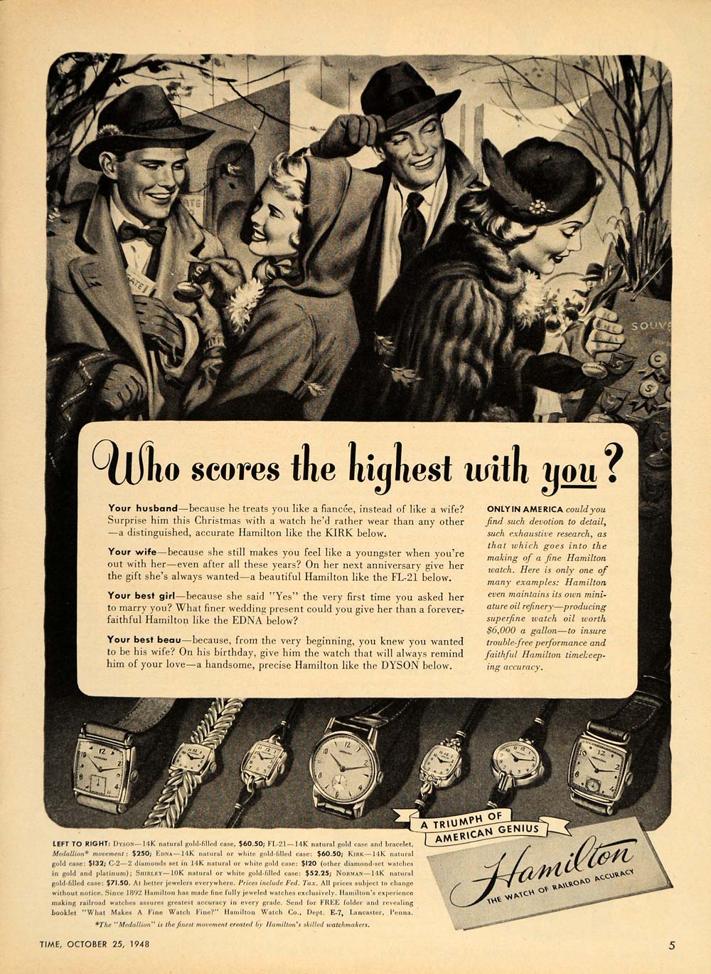 1948 Ad Hamilton Watches Dyson Edna Kirk Norman FL-21 - ORIGINAL ADVERTISING TM1