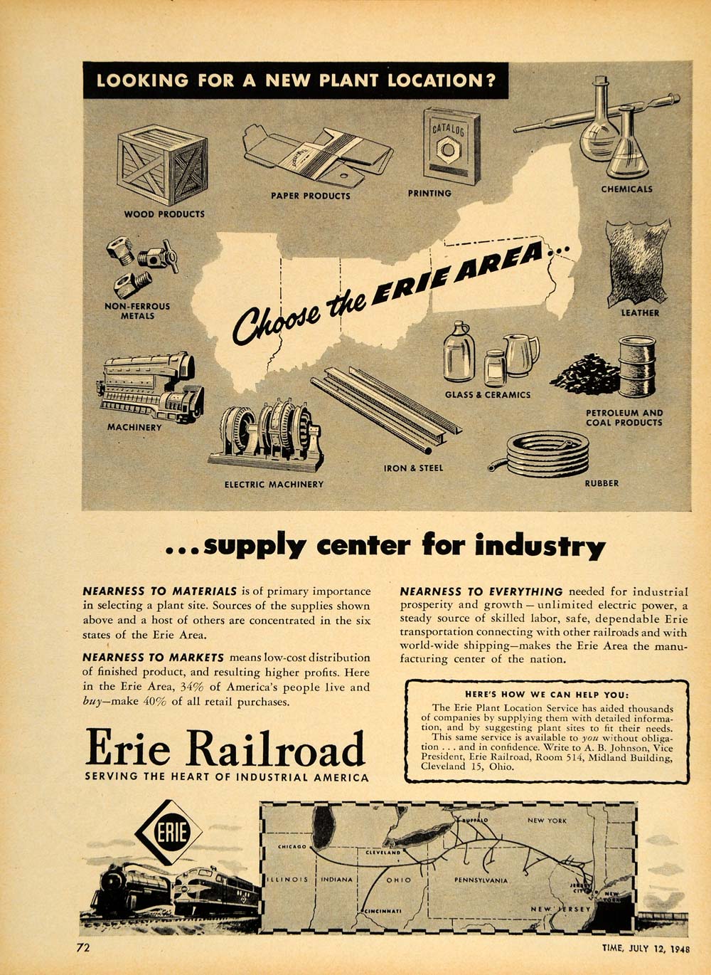 1948 Ad Erie Railroad Routes Industrial Development - ORIGINAL ADVERTISING TM1