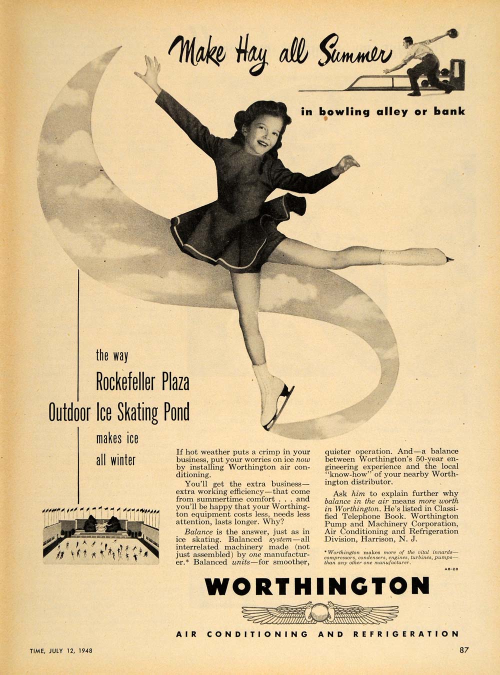 1948 Ad Worthington Air Conditioning Girl Ice Skater - ORIGINAL ADVERTISING TM1