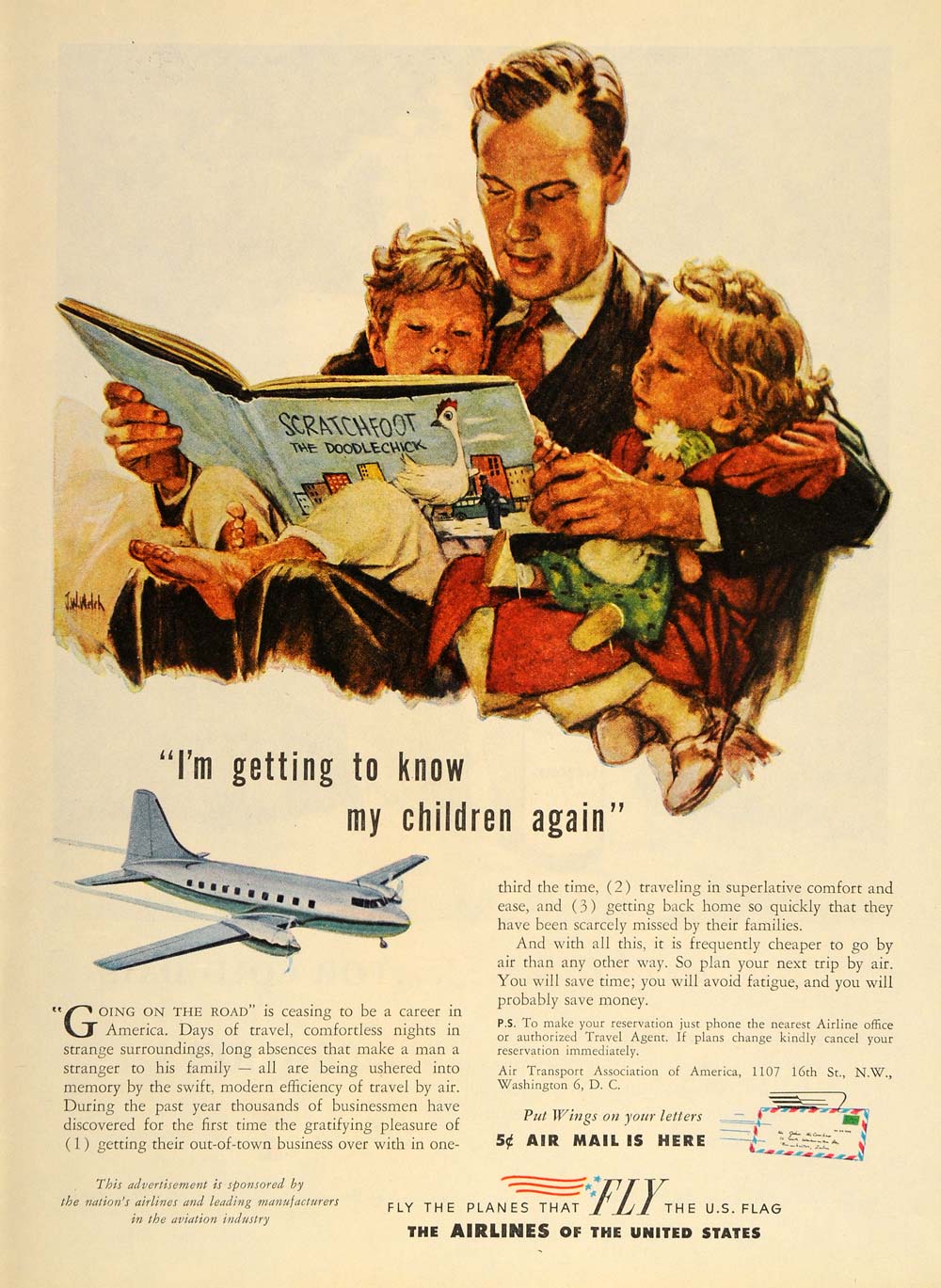 1946 Ad Father Children Reading Book U. S. Airlines - ORIGINAL ADVERTISING TM1