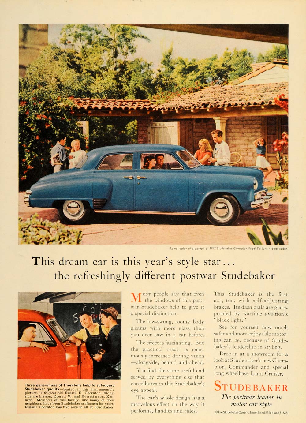 1947 Ad Studebaker Blue Champion Regal De Luxe Sedan - ORIGINAL ADVERTISING TM1