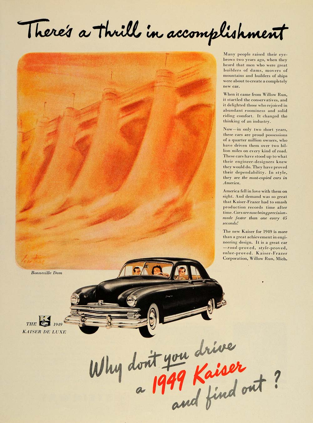 1948 Ad Kaiser Frazer 1949 Black Sedan Bonneville Dam - ORIGINAL ADVERTISING TM1