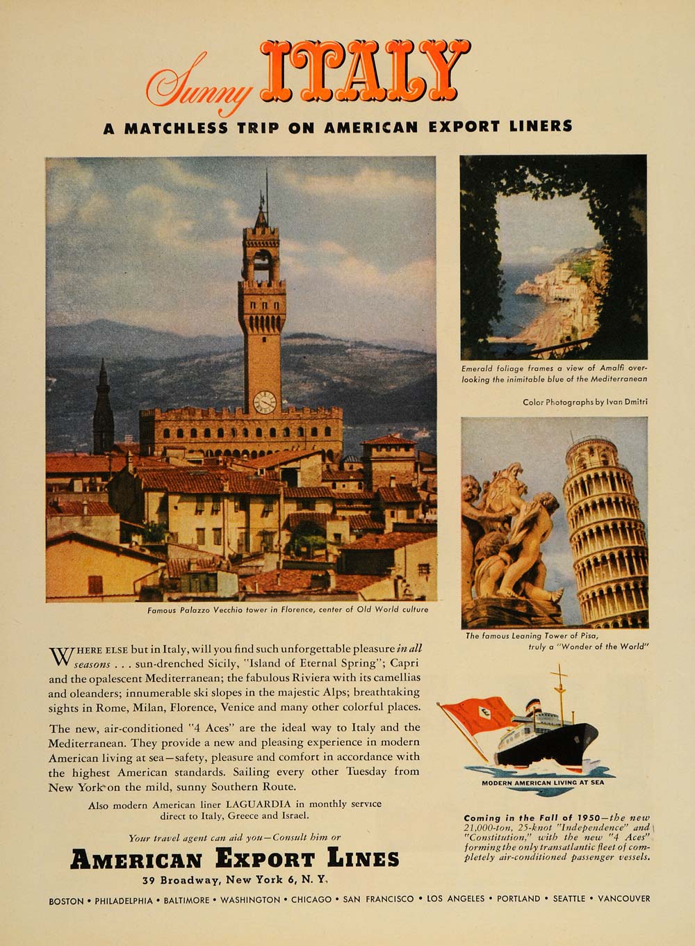 1949 Ad American Export Line Italy Florence Pisa Amalfi - ORIGINAL TM1