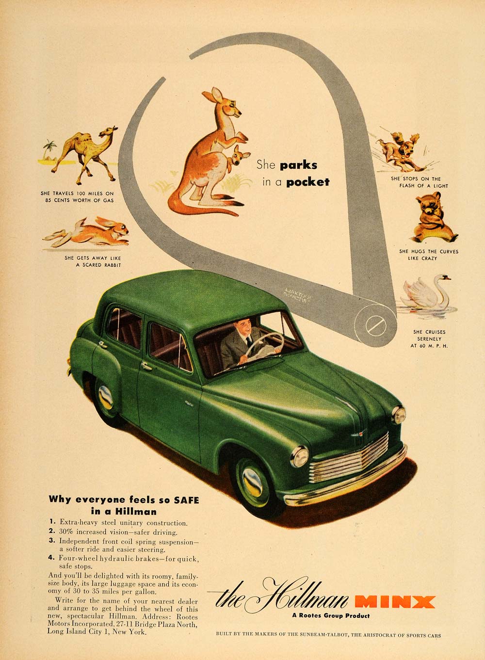 1949 Ad Hillman Minx Green Car Rootes Group Kangaroo - ORIGINAL ADVERTISING TM1
