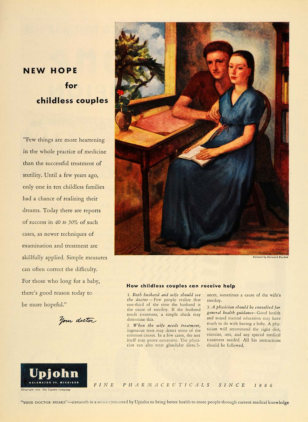 1946 Ad Upjohn Infertility Treatment Bernard Karfiol - ORIGINAL ADVERTISING TM1