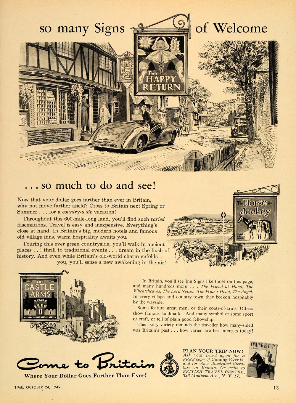 1949 Ad Britain Happy Return Inn Signs Castle Arms - ORIGINAL ADVERTISING TM1