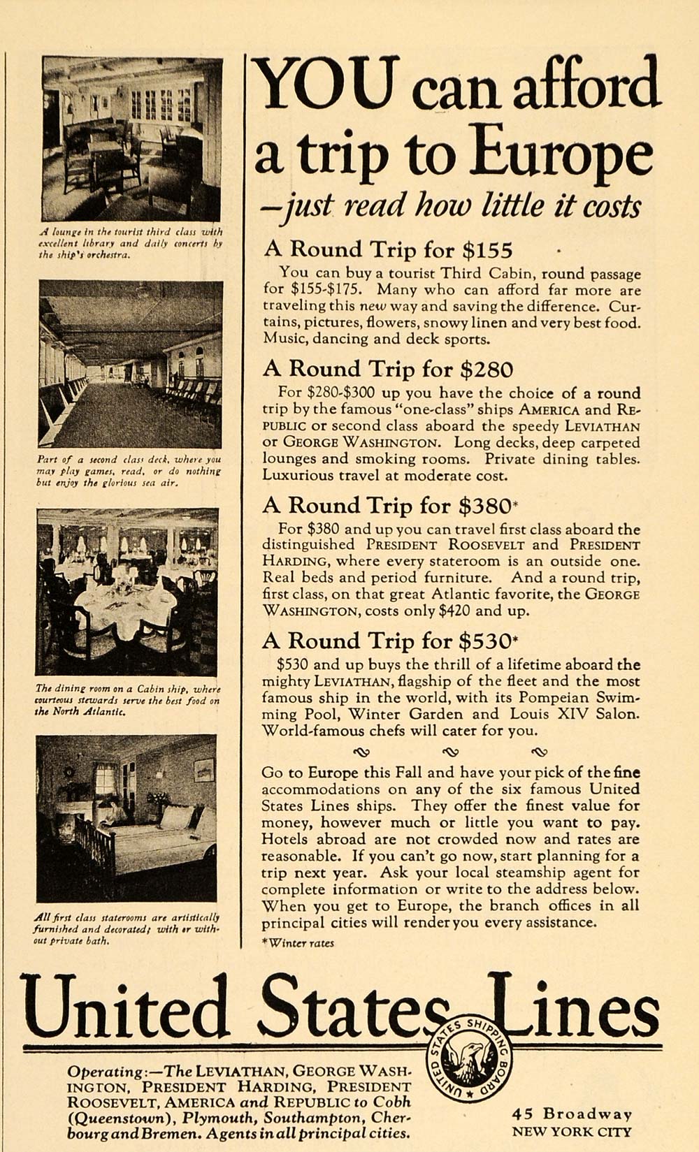 1925 Ad United States Lines 1st Class Stateroom Deck - ORIGINAL ADVERTISING TM2