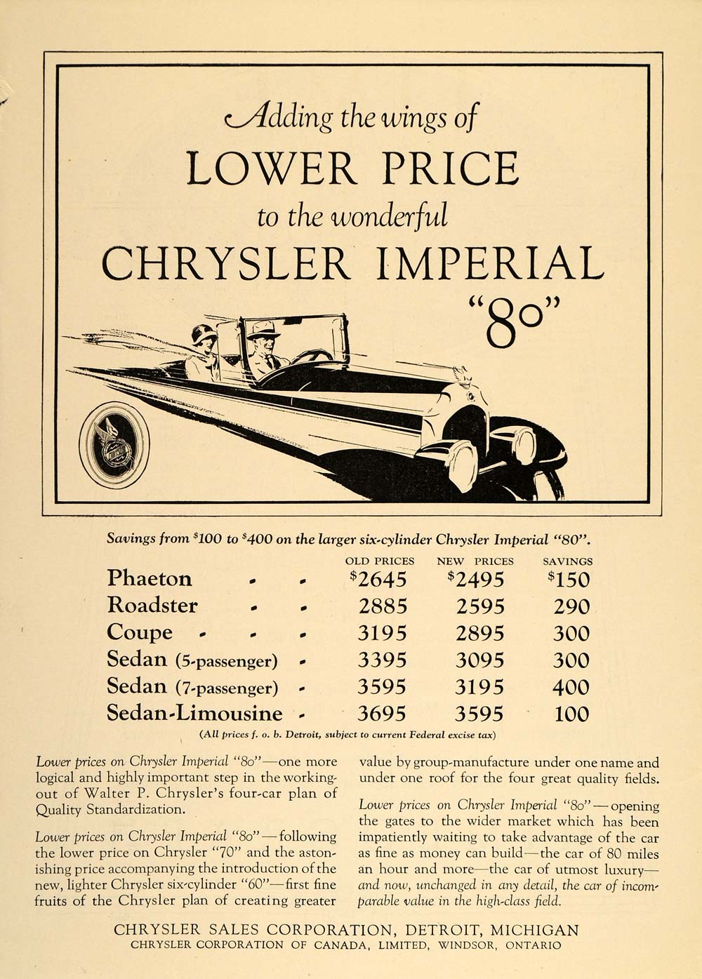 1926 Vintage Ad Chrysler Imperial 80 Auto Car Prices - ORIGINAL ADVERTISING TM2
