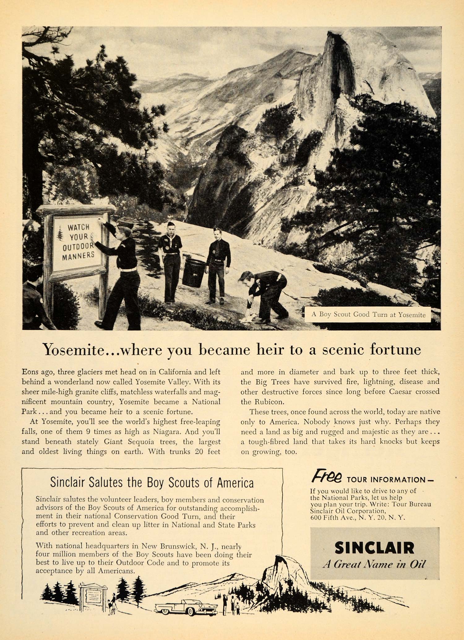 1955 Ad Sinclair Motor Oil Boy Scouts Yosemite Parks - ORIGINAL ADVERTISING TM3