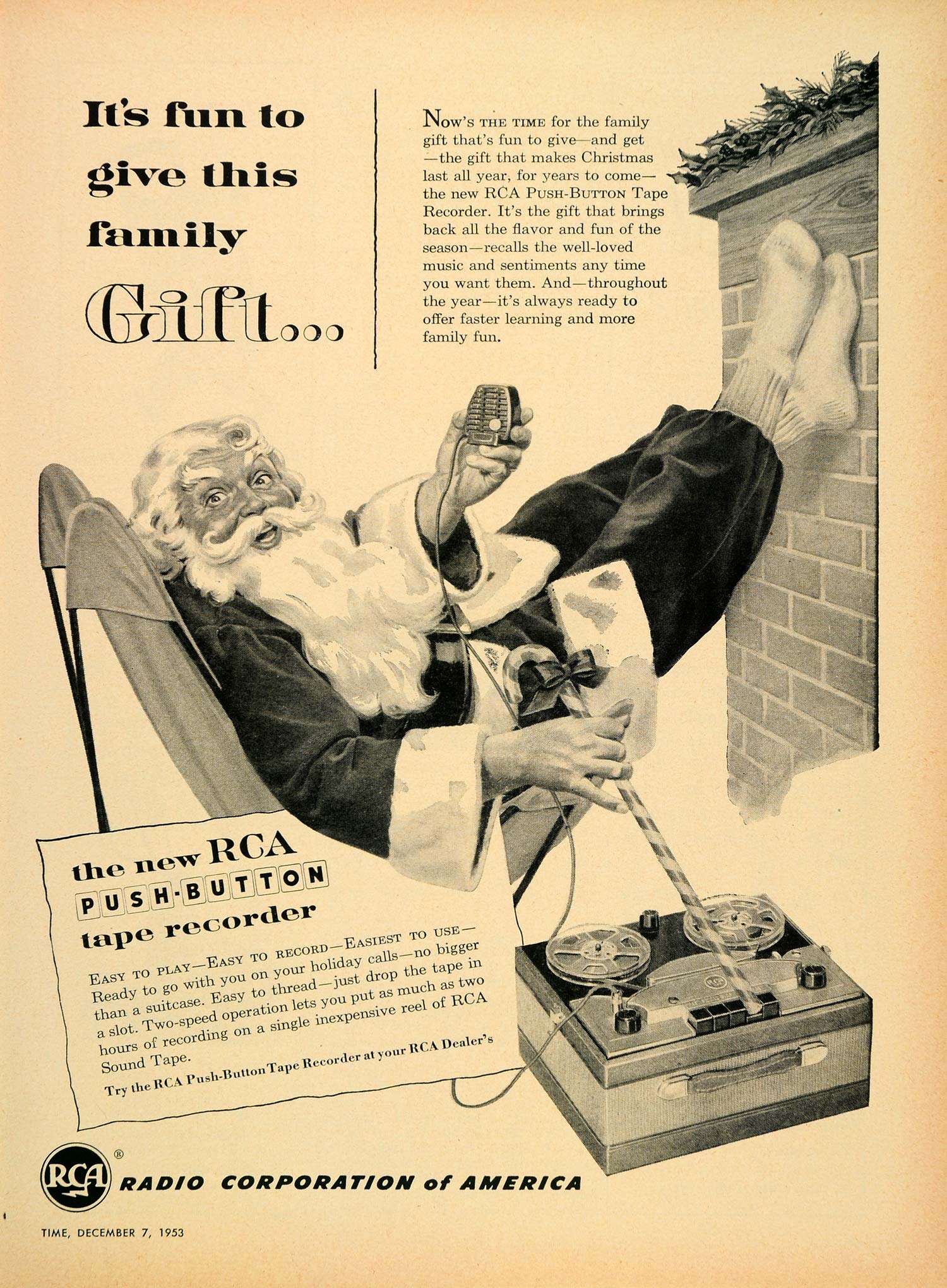 1953 Ad RCA Push Button Tape Recorder Sound Tape Santa - ORIGINAL TM3