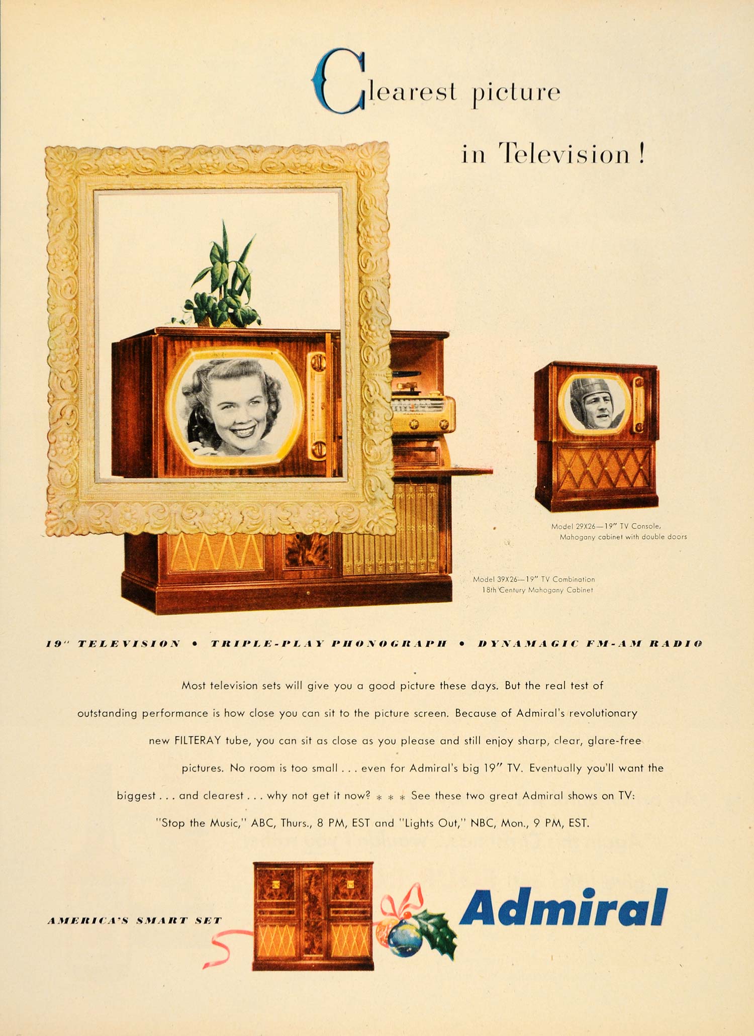 1950 Ad Admiral Television Sets FILTERAY Color Pictures - ORIGINAL TM3