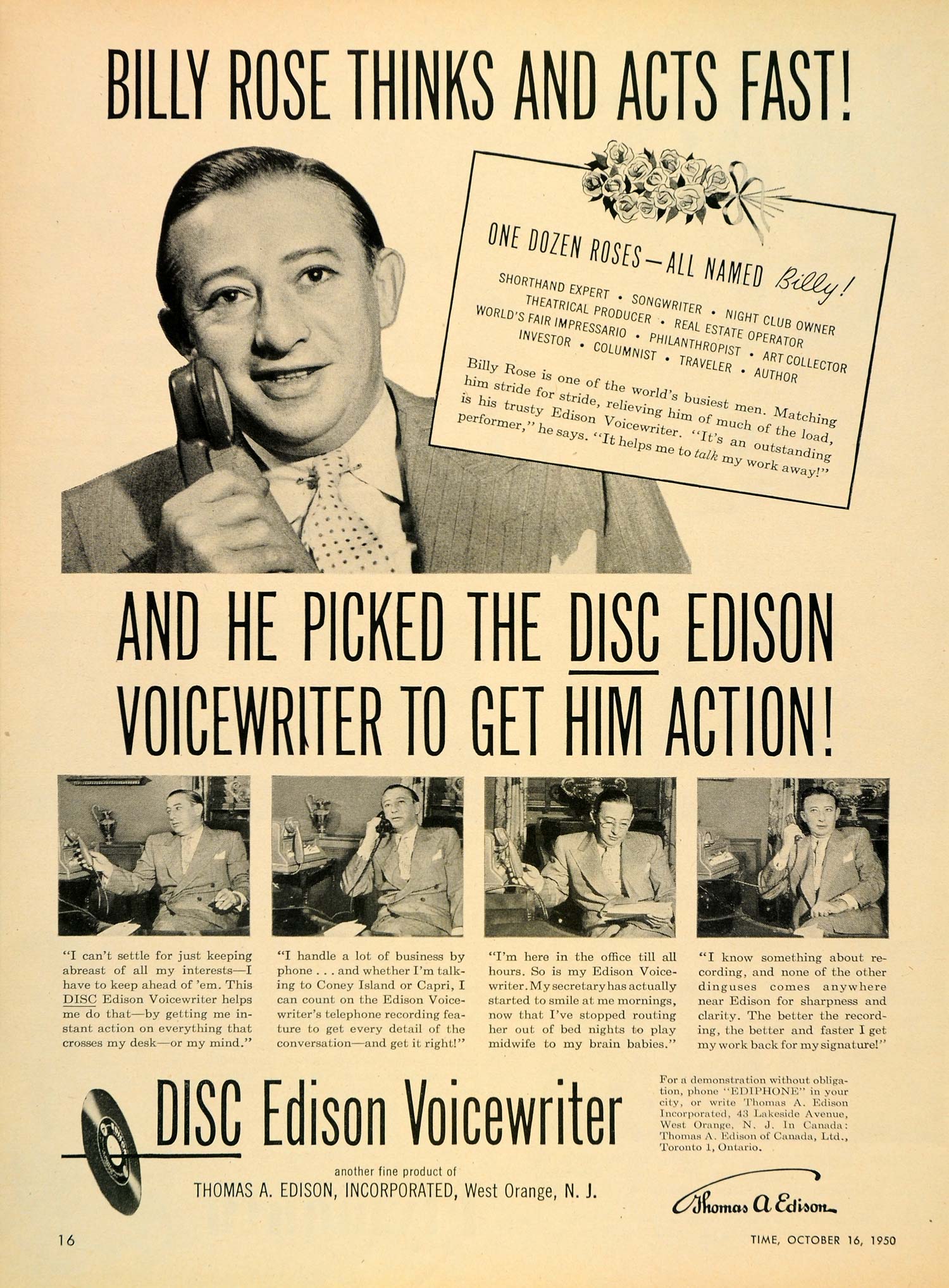 1950 Ad DISC Edison Voicewriter Thomas West Billy Rose - ORIGINAL TM3