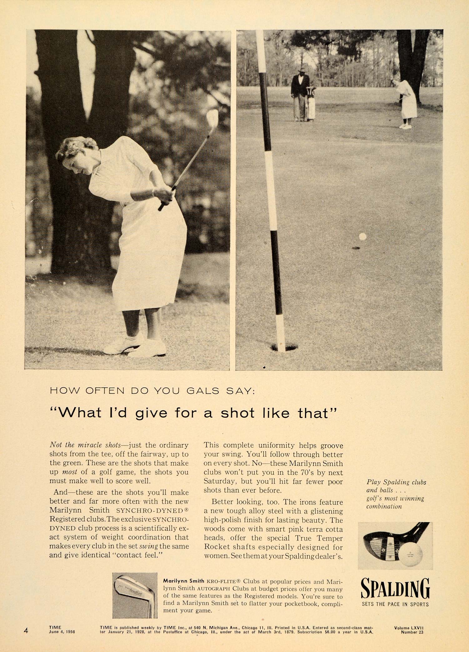 1956 Ad Marilynn Smith Synchro Dyned Clubs Spalding - ORIGINAL ADVERTISING TM3