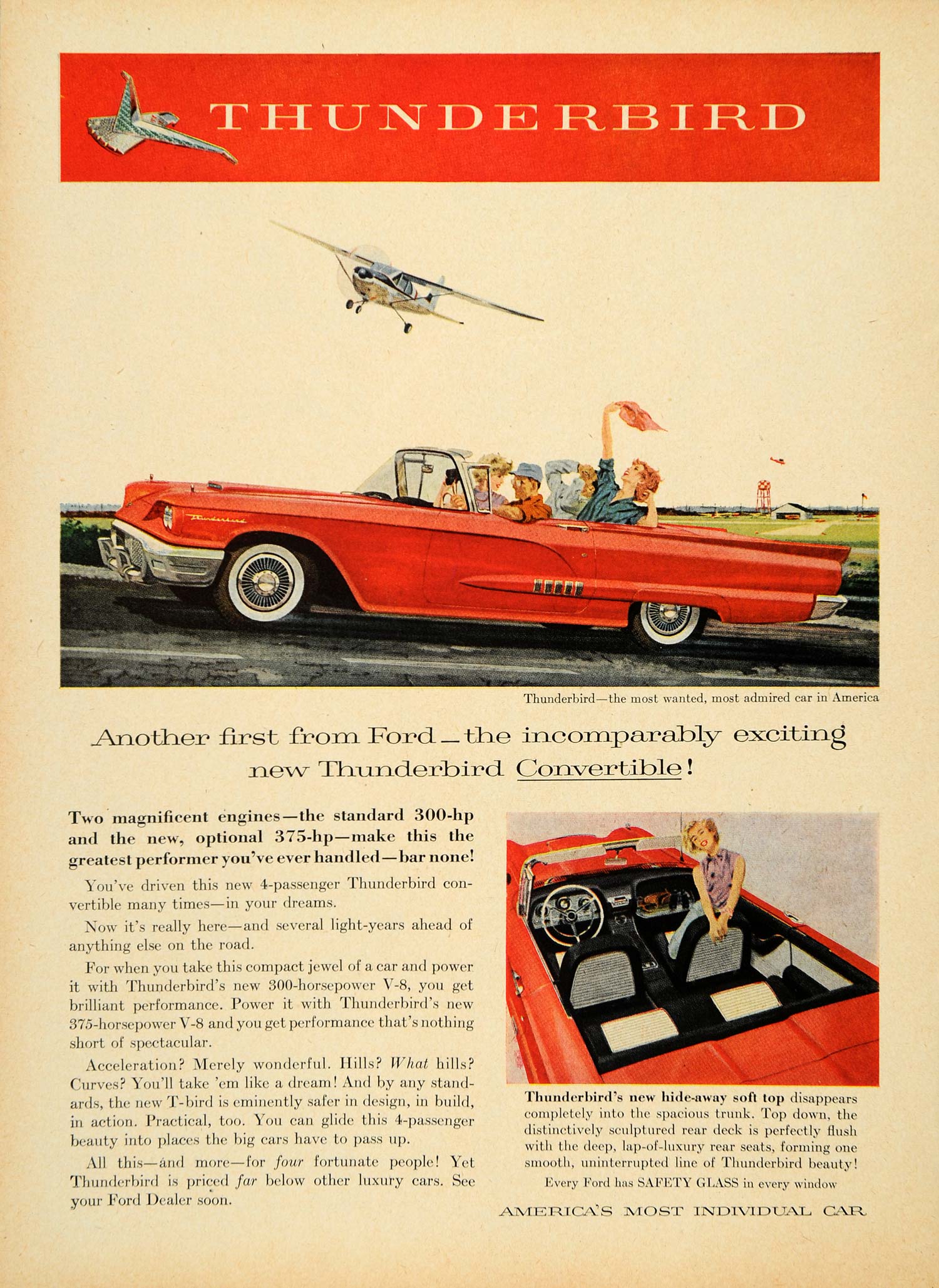1958 Ad Ford Thunderbird Hideaway Soft Top V8 Airplane - ORIGINAL TM3