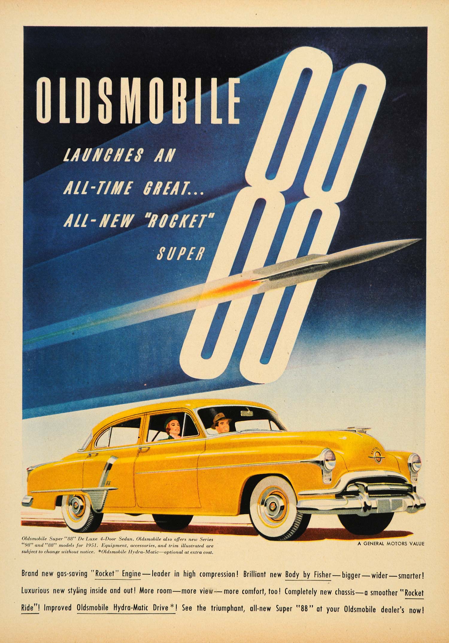 1951 Ad Oldsmobile Super 88 Rocket Engine Fisher Body - ORIGINAL ADVERTISING TM3