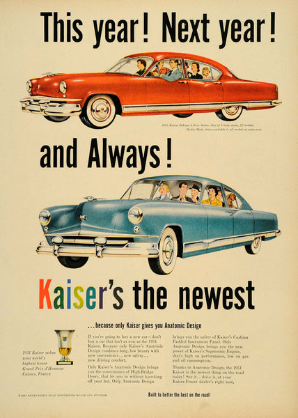 1951 Ad '51 Kaiser DeLuxe 4-Door Sedan Anatomic Vintage - ORIGINAL