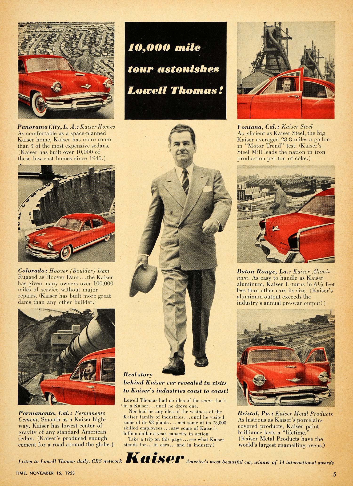 1953 Ad Vintage Kaiser Automobiles Lowell Thomas - ORIGINAL ADVERTISING TM3