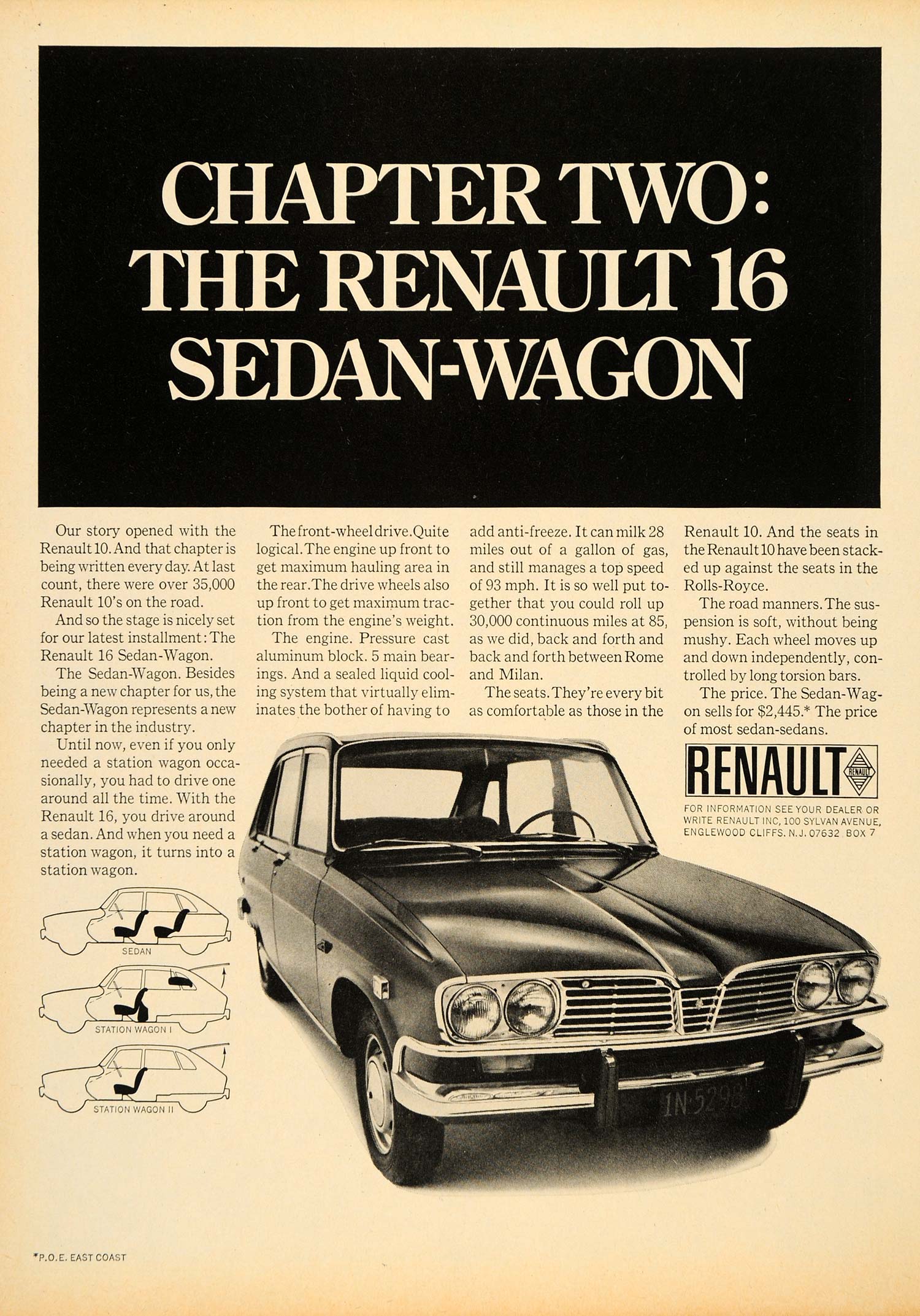 1968 Ad Vintage Renault 16 Sedan-Wagon Renault 10 Cars - ORIGINAL