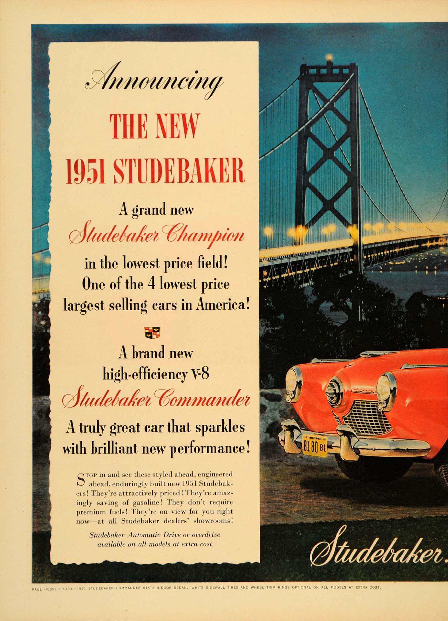 1950 Ad 1951 Studebaker Champion Oakland Bay Bridge Car - ORIGINAL TM3