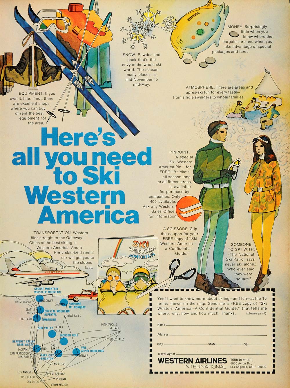 1968 Ad Ski Western America International Airlines Snow - ORIGINAL TM3