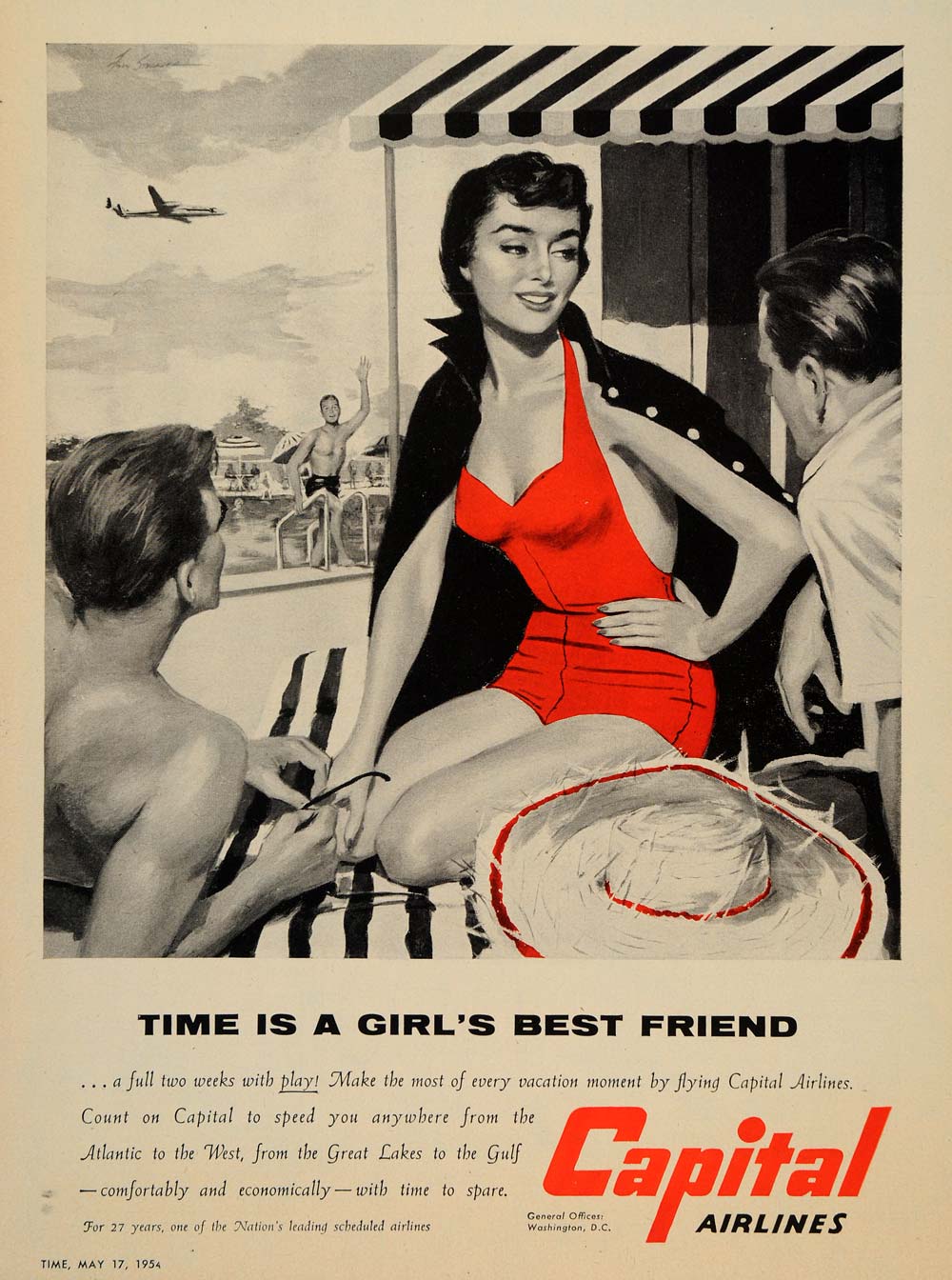 1954 Ad Capital Airlines Vacation Pool Vintage Suimsuit - ORIGINAL TM3