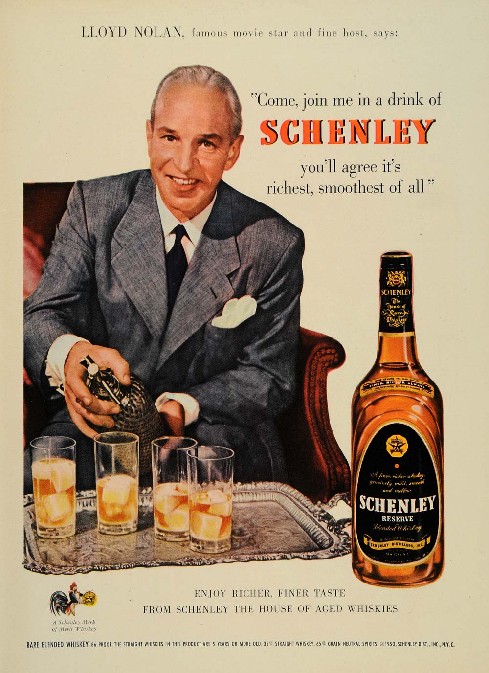 1950 Ad Schenley Blended Whiskey Lloyd Nolan Straight - ORIGINAL ADVER –  Period Paper Historic Art LLC, image size:1000x1376
