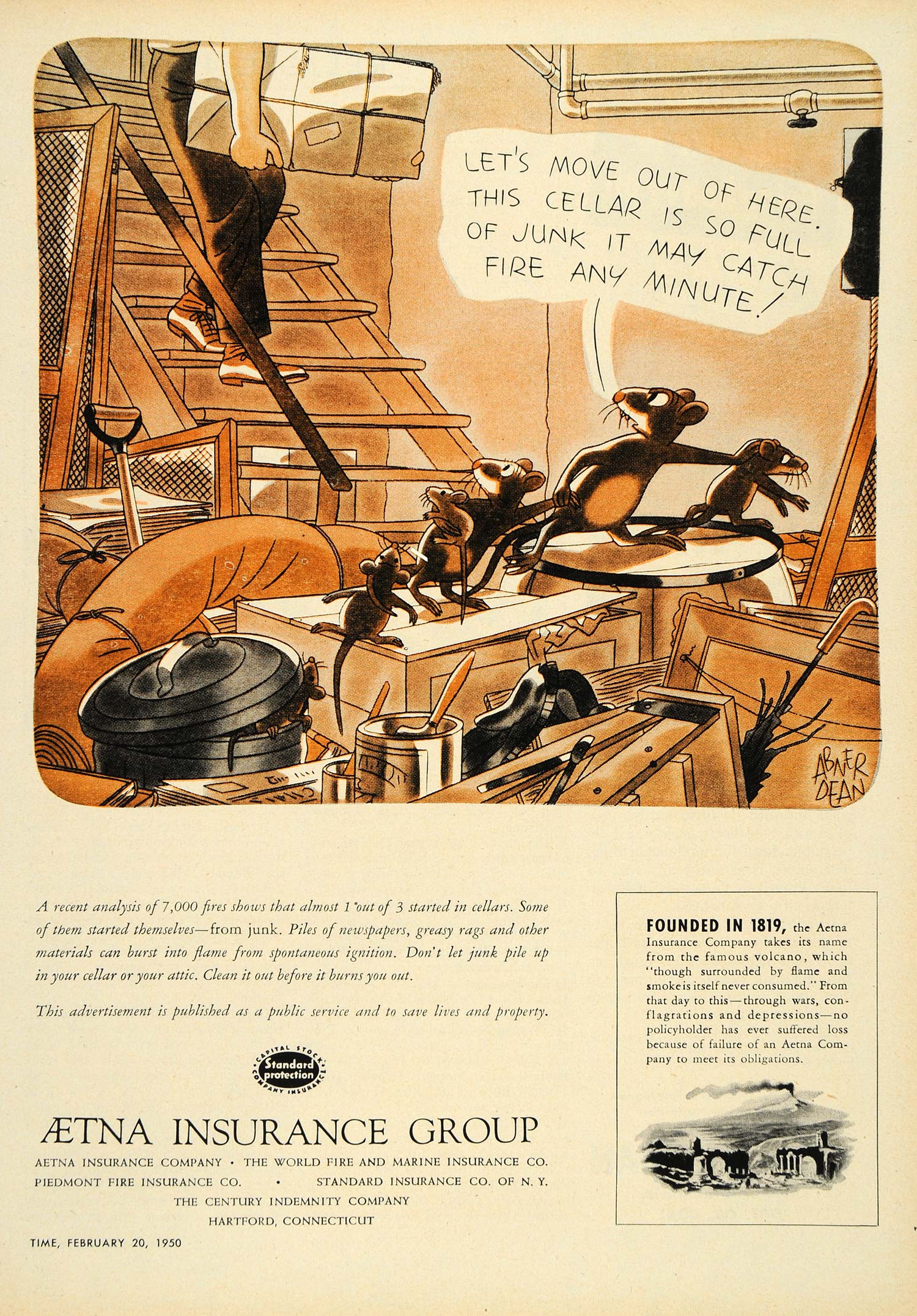 1950 Ad Aetna Insurance Abner Dean Junk Fires Home - ORIGINAL ADVERTISING TM3