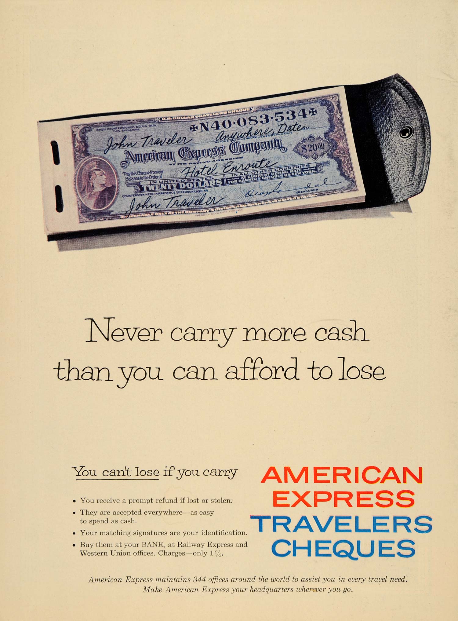 1956 Ad American Express Traveler Cheques Western Union - ORIGINAL