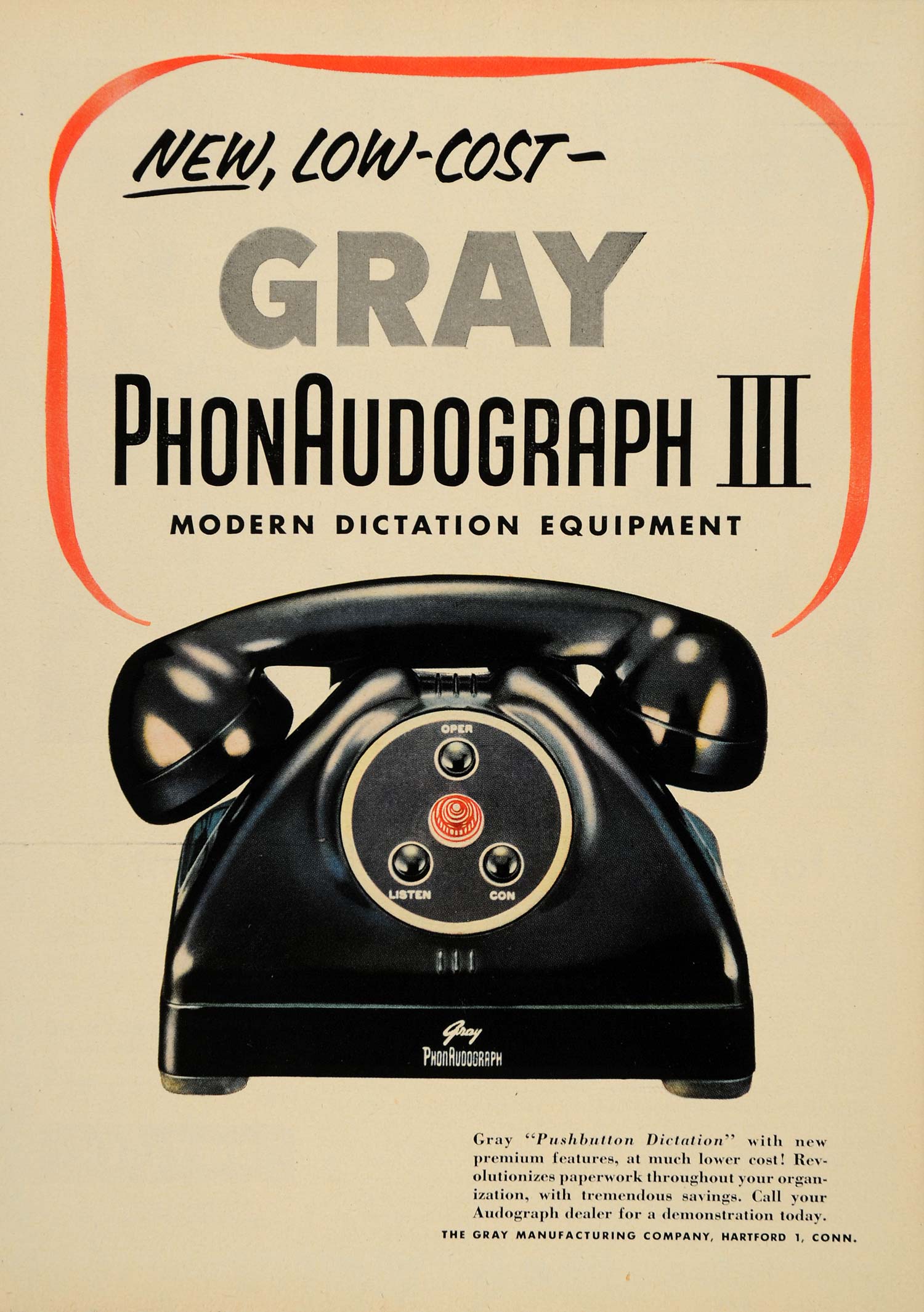 1954 Ad Gray PhonAudograph III Pushbutton Dictation - ORIGINAL ADVERTISING TM3