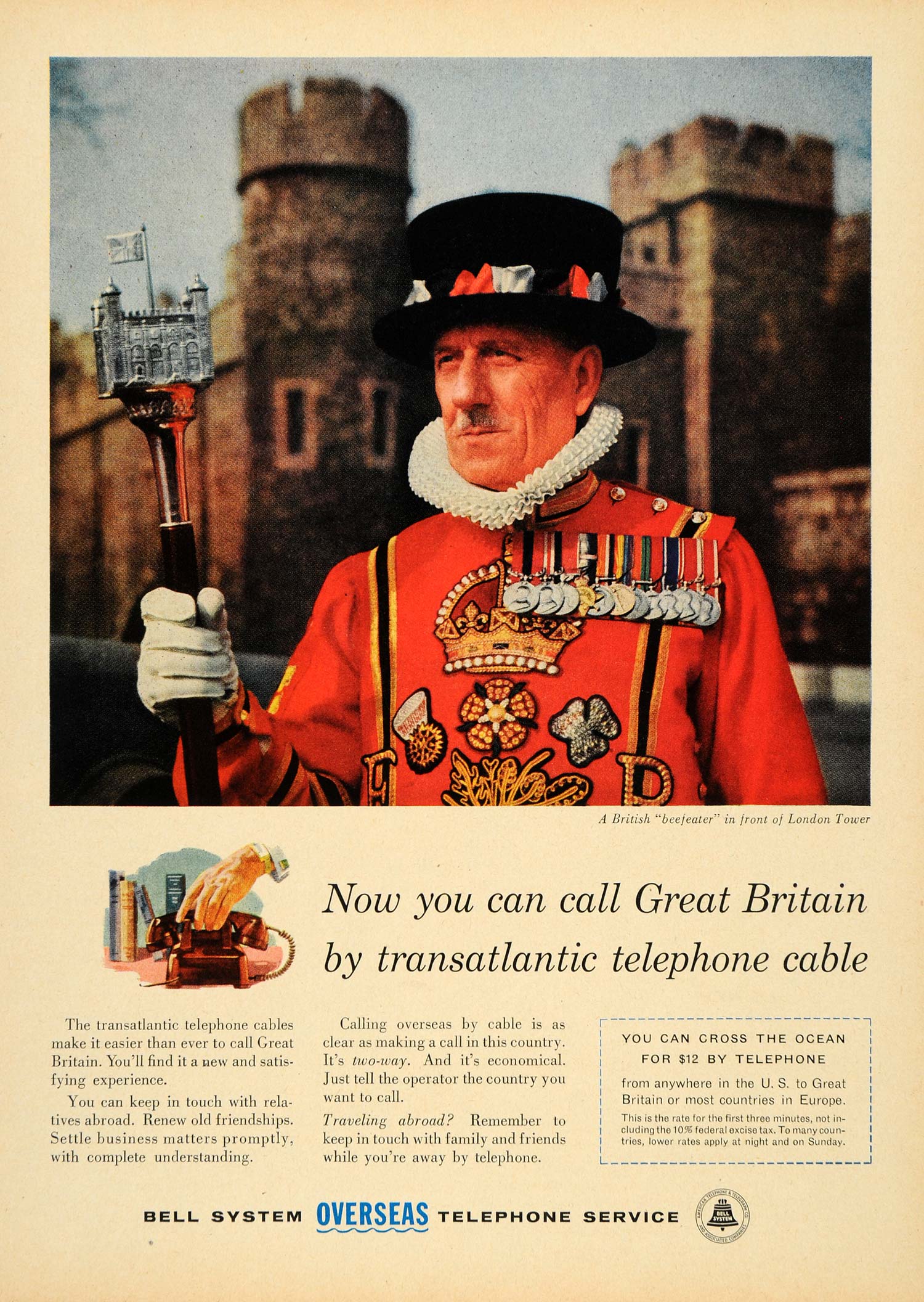 1957 Ad British Beefeater Bell Overseas Telephone - ORIGINAL ADVERTISING TM3