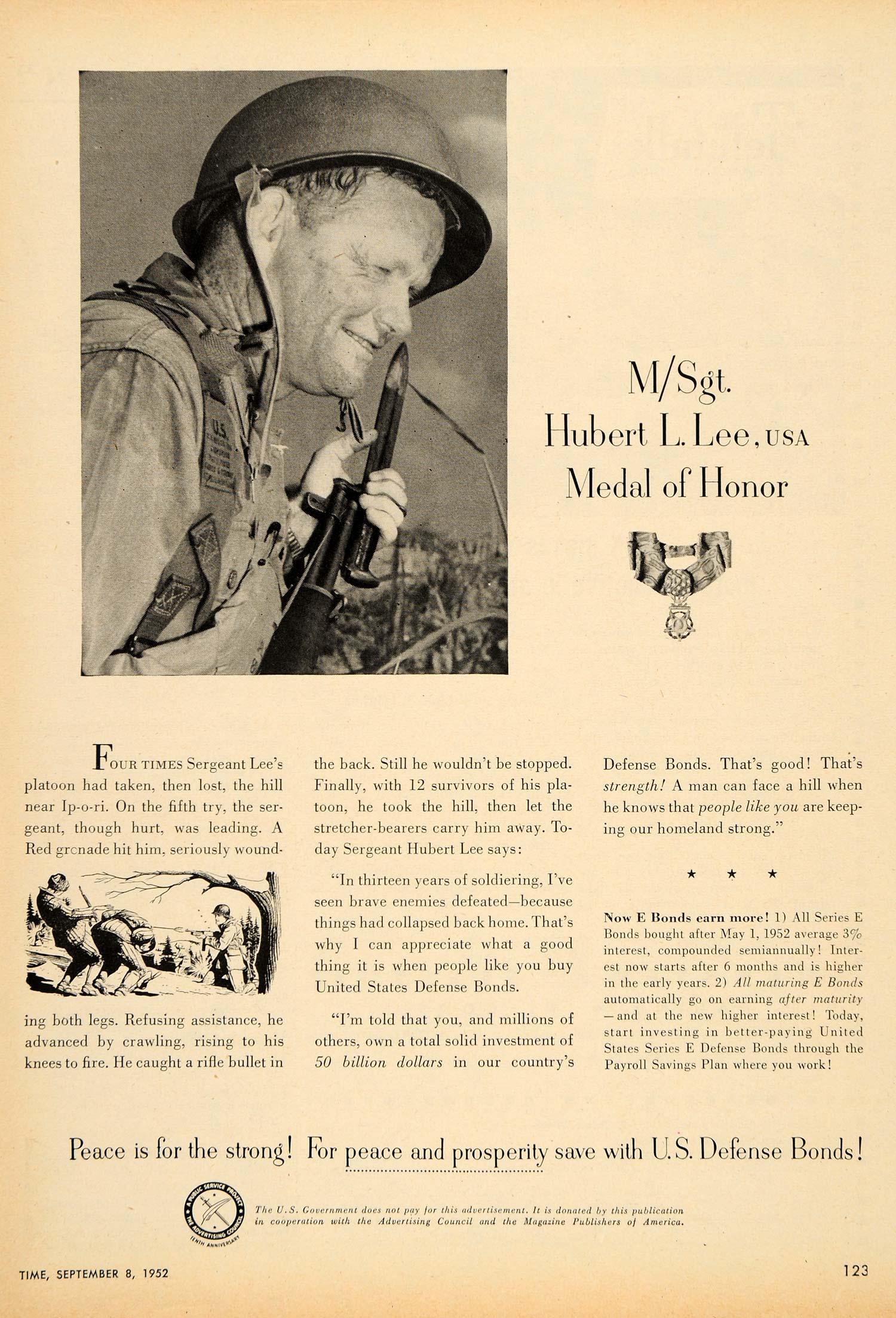 1952 Ad U.S. Defense Bonds Hubert L. Lee Medal Honor - ORIGINAL ADVERTISING TM3