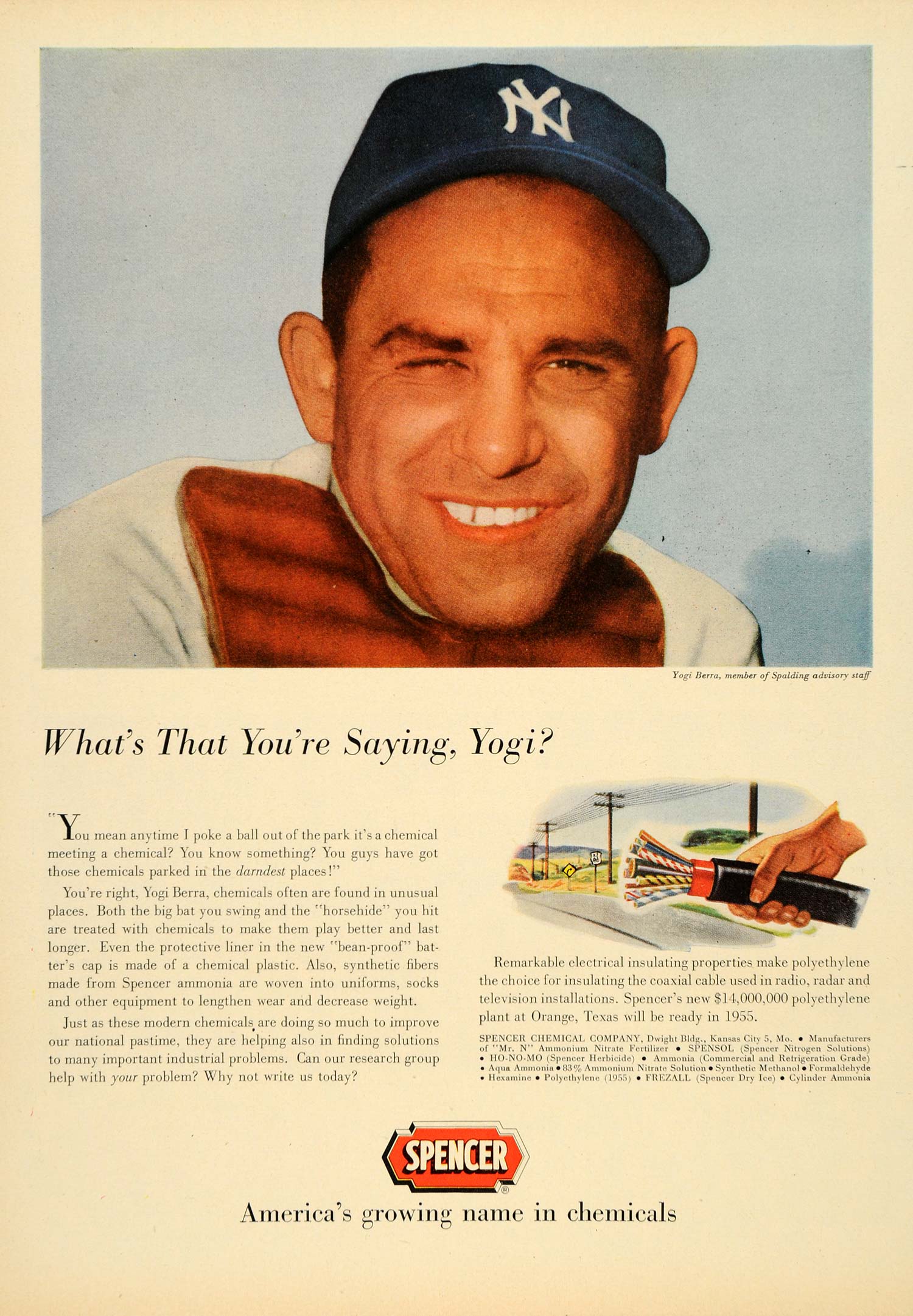 spencer herbicide 1954 Ad Yogi Berra Spalding Spencer Chemicals Yankees
