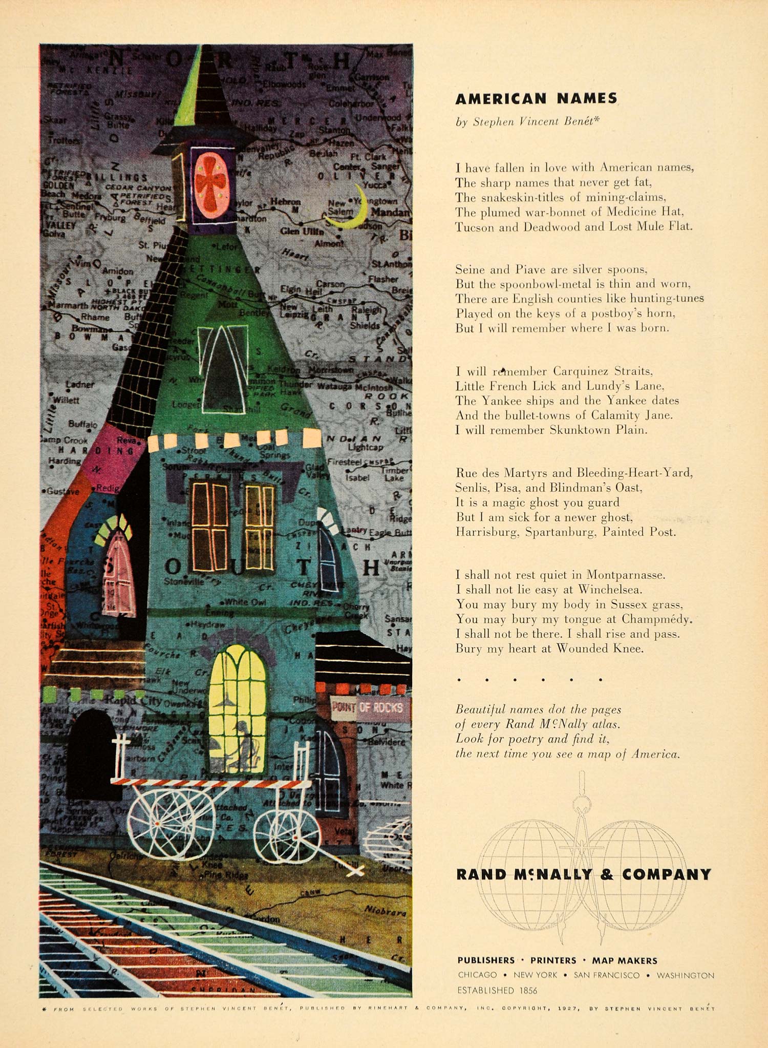 1953 Ad Rand McNally Printing Stephen Vincent Benet - ORIGINAL ADVERTISING TM3