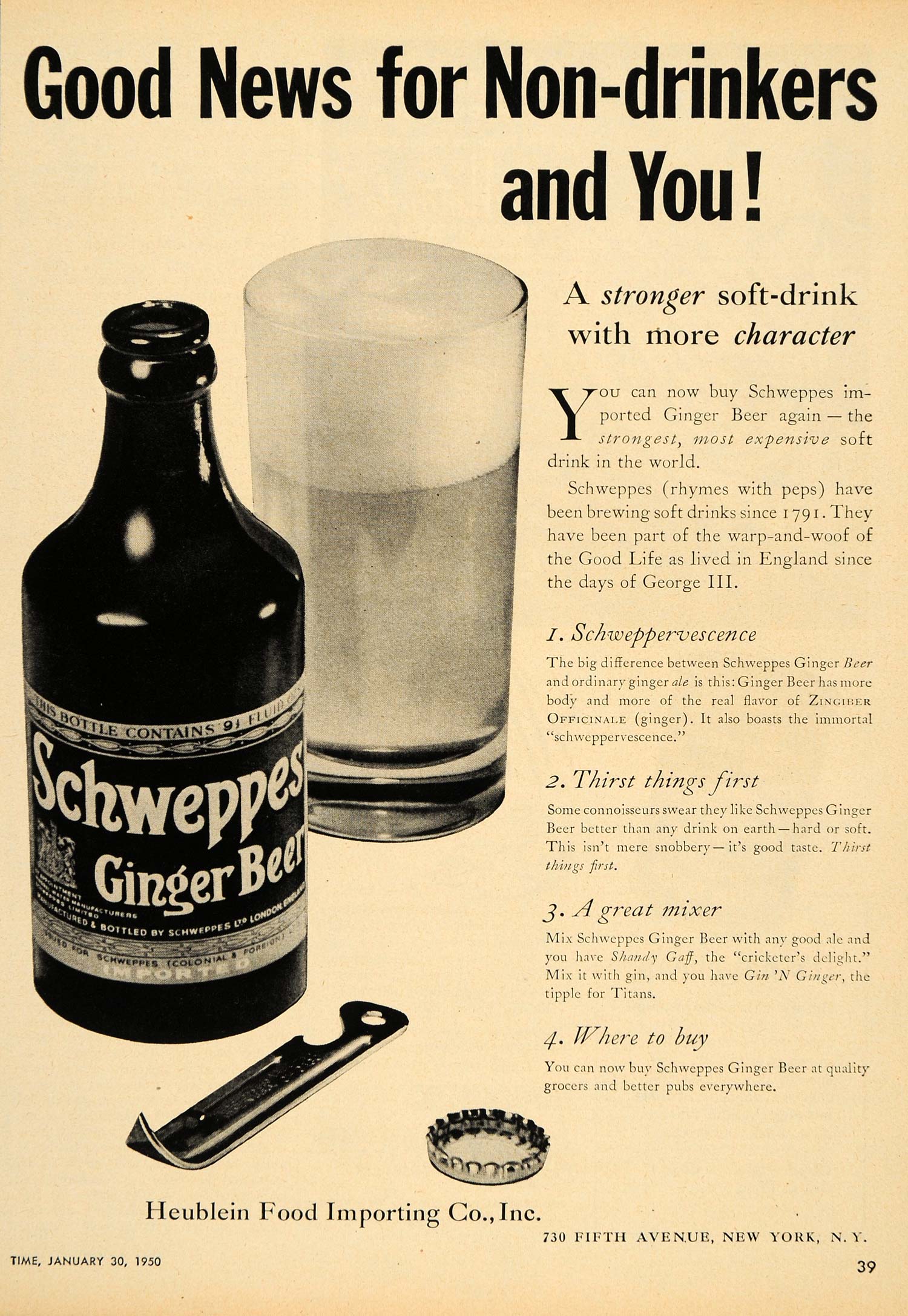 1950 Ad Schweppes Ginger Beer Heublein Food Importing - ORIGINAL ADVERTISING TM3