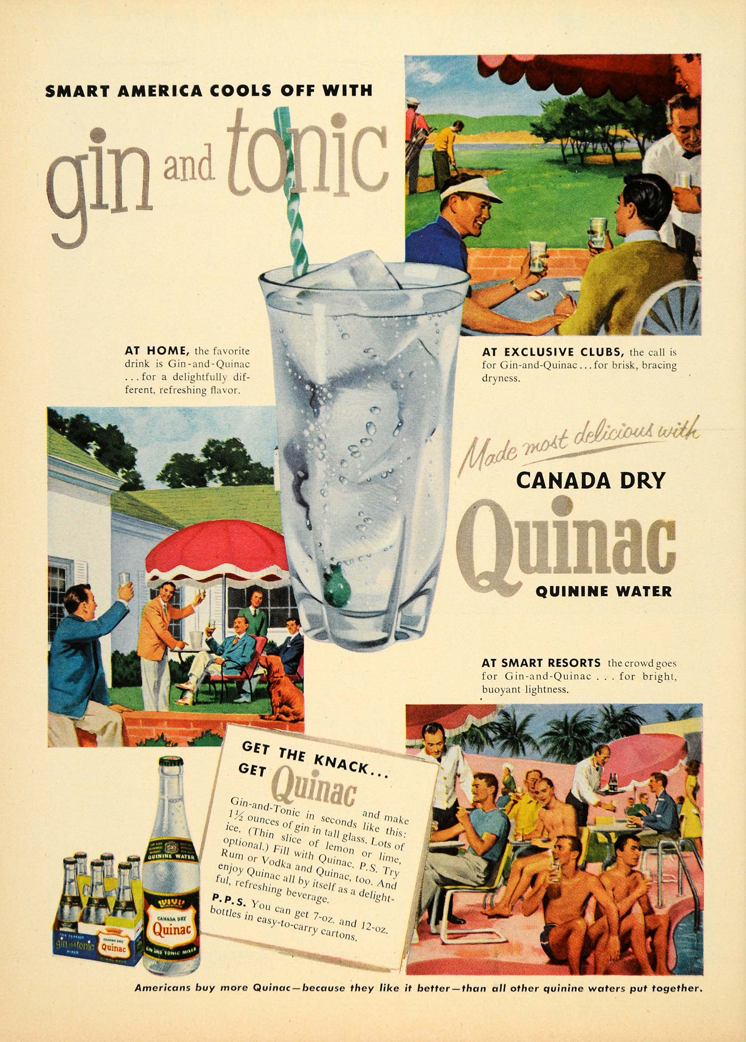 1954 Ad Gin Tonic Canada Dry Quinac Quinine Water Golf - ORIGINAL TM3