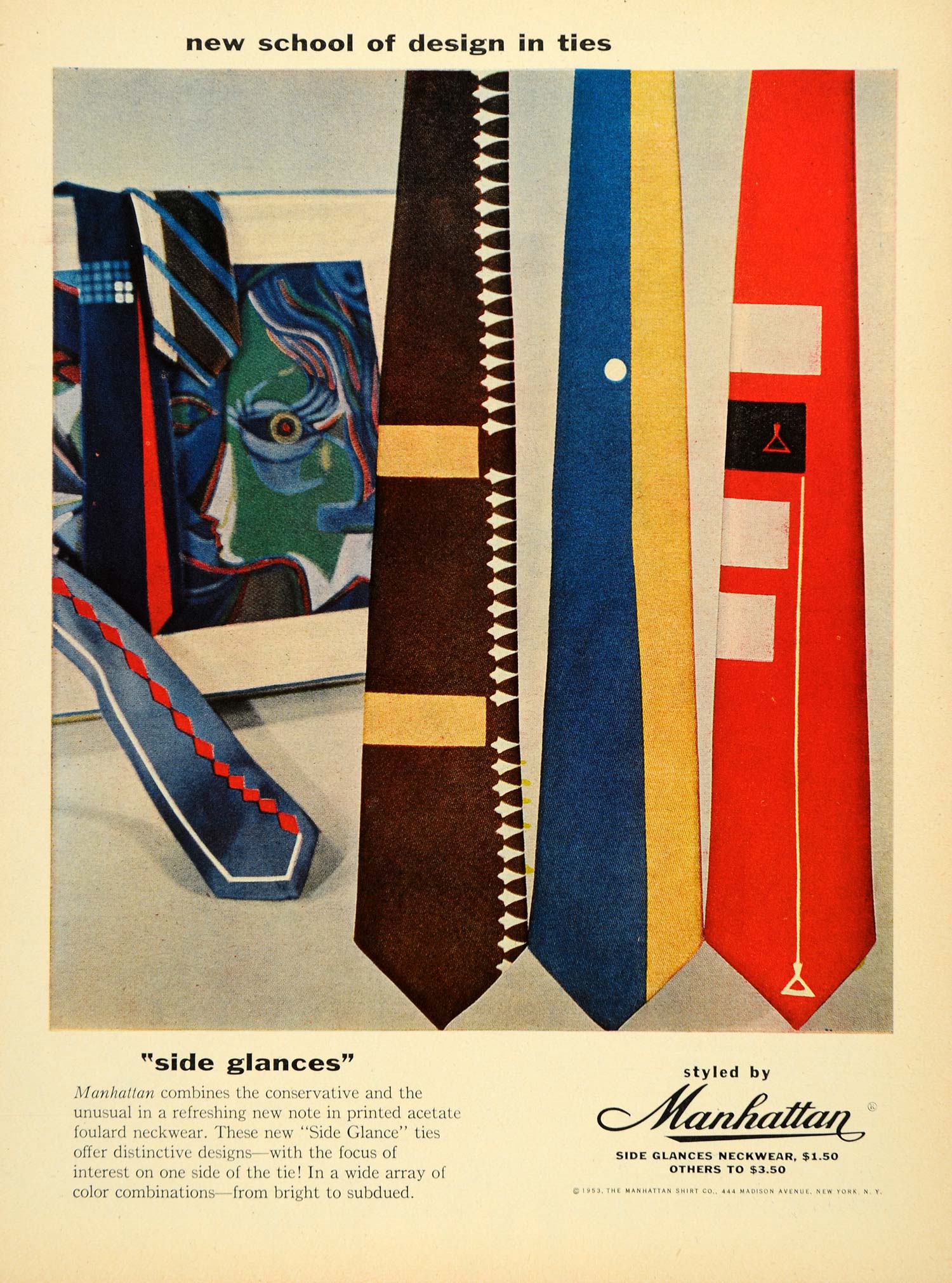 1953 Ad Manhattan Side Glances Neckwear Ties Pricing - ORIGINAL ADVERTISING TM3