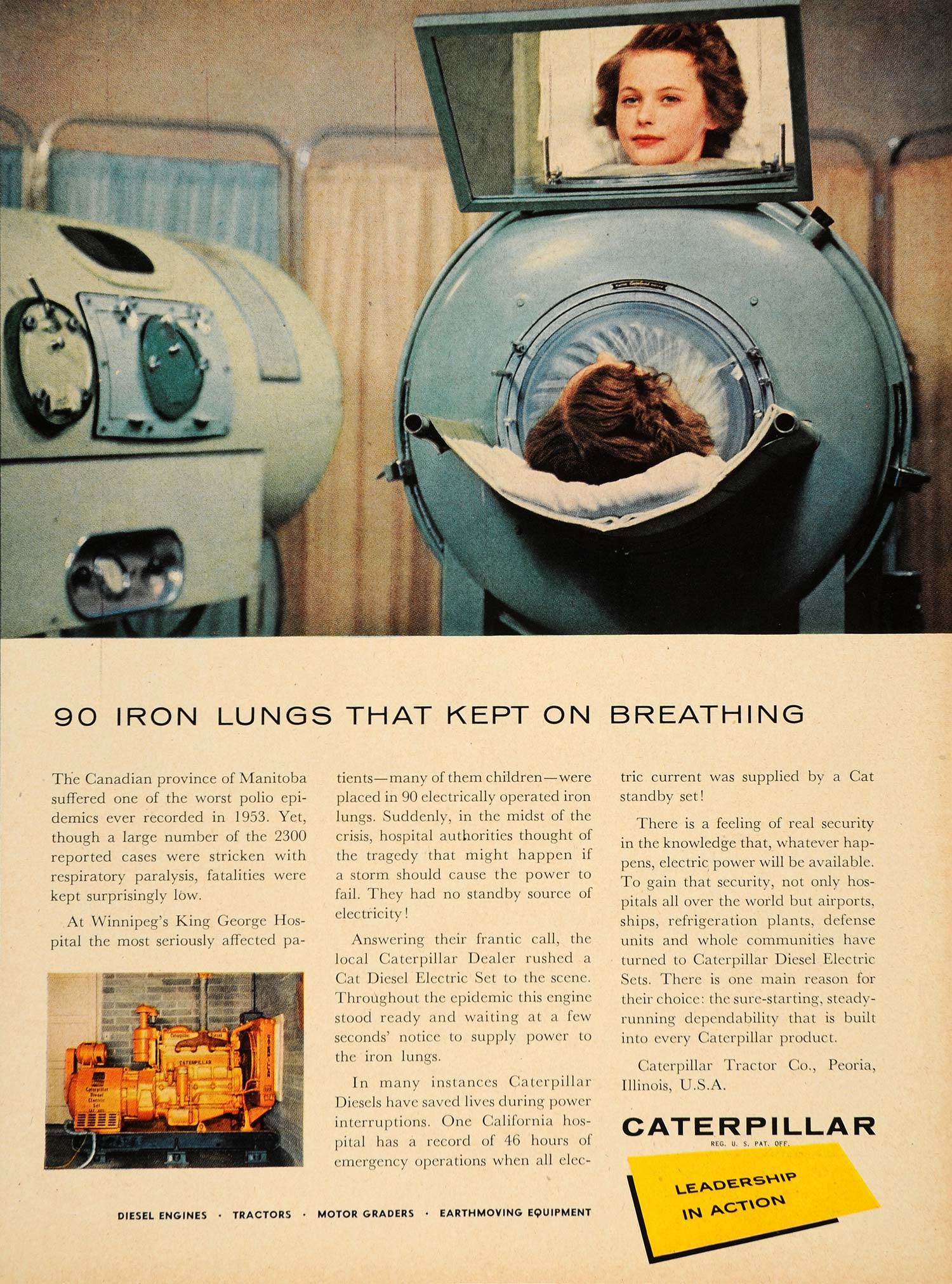1956 Ad Caterpillar Cat Diesel Set Polio Iron Lungs - ORIGINAL ADVERTISING TM3