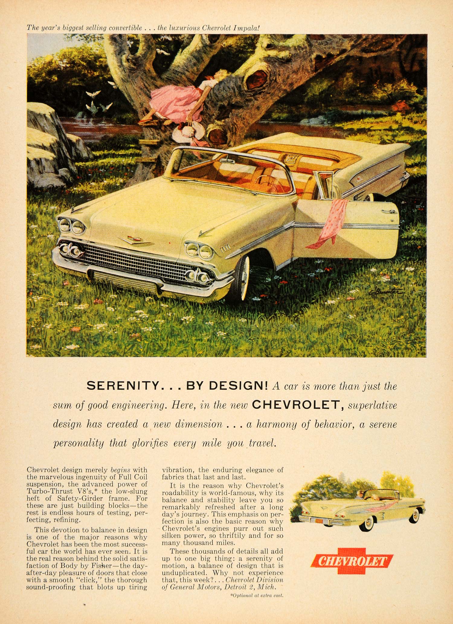 1958 Ad Vintage Yellow Chevrolet Convertible Fisher - ORIGINAL ADVERTISING TM3