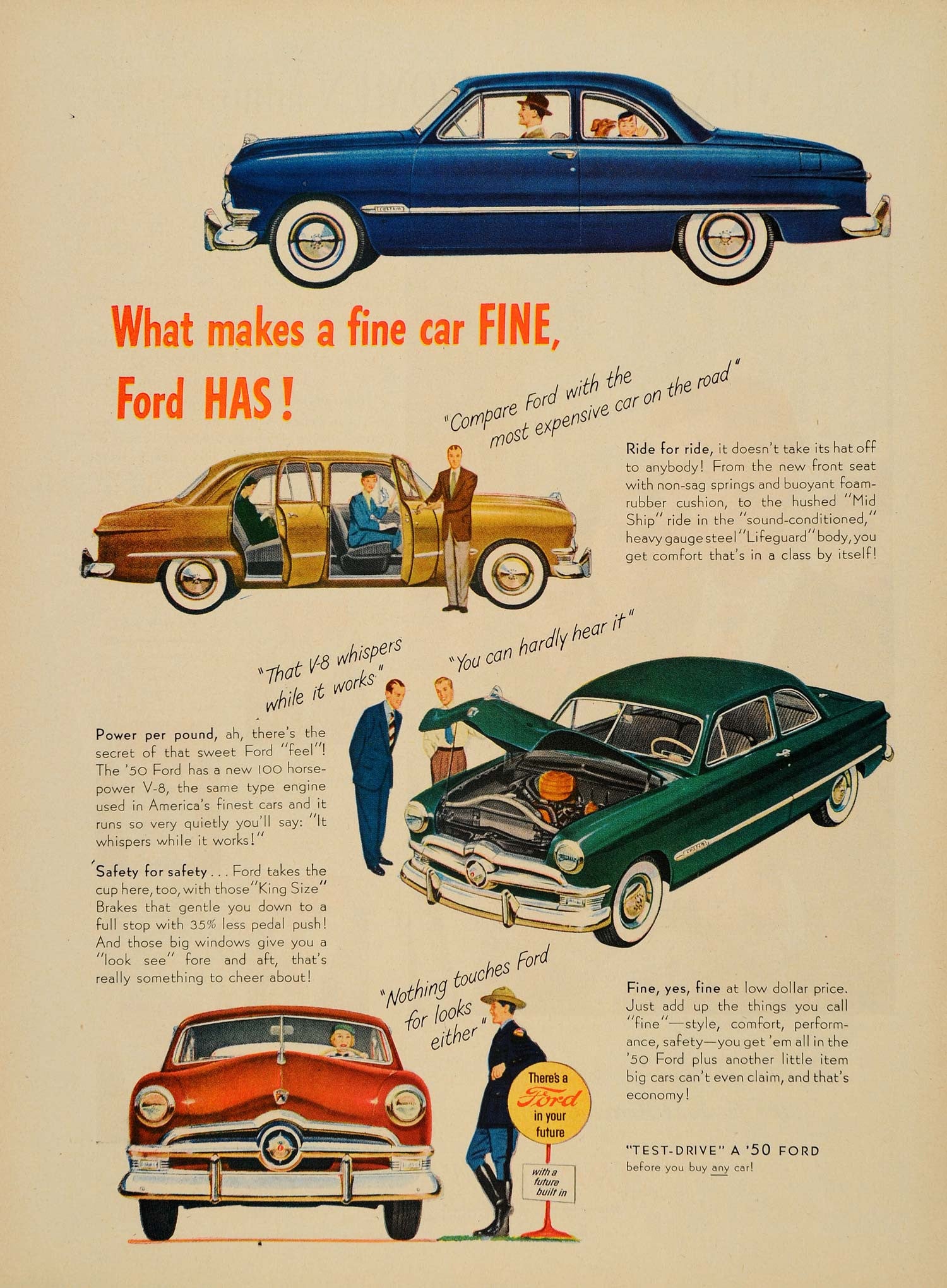 1950 Ad Ford Mid Ship Car V8 Engine King Size Brakes - ORIGINAL ADVERTISING TM3 - Period Paper
