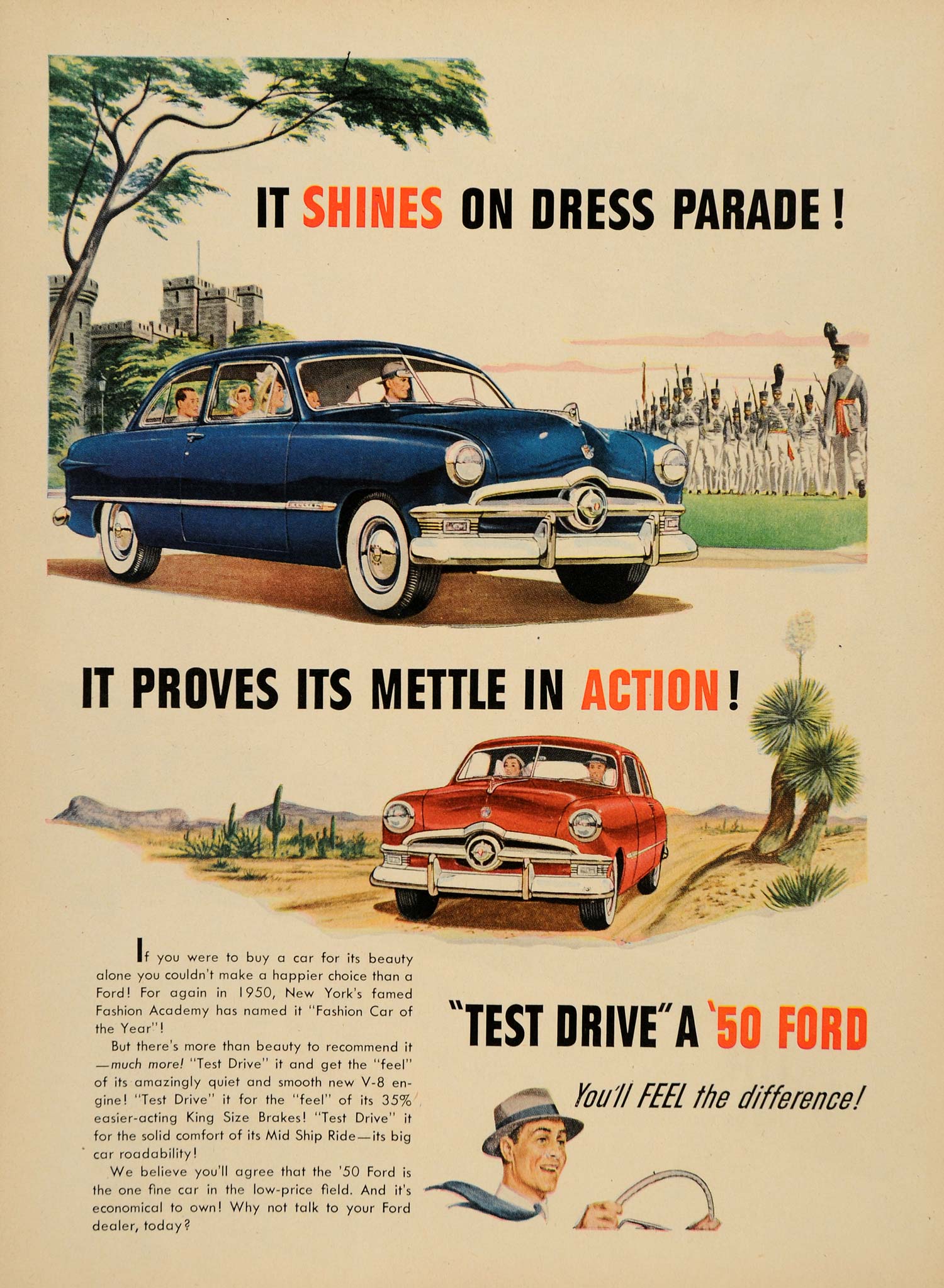 1950 Ad Blue Ford New York's Fashion Academy Test Drive - ORIGINAL TM3