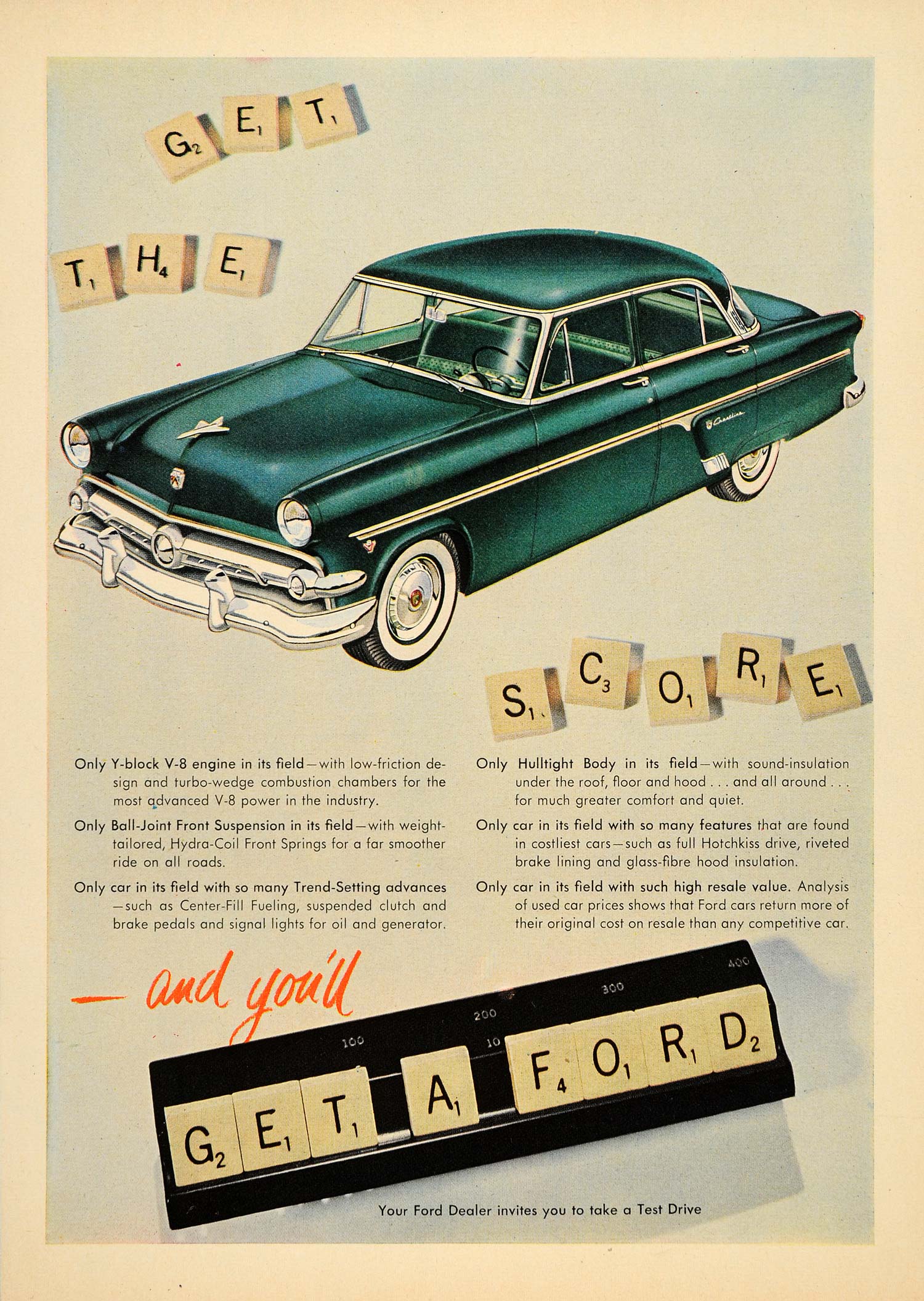 1954 Ad Ford Cars V8 Engine Hatchkiss Drive Scrabble - ORIGINAL ADVERTISING TM3