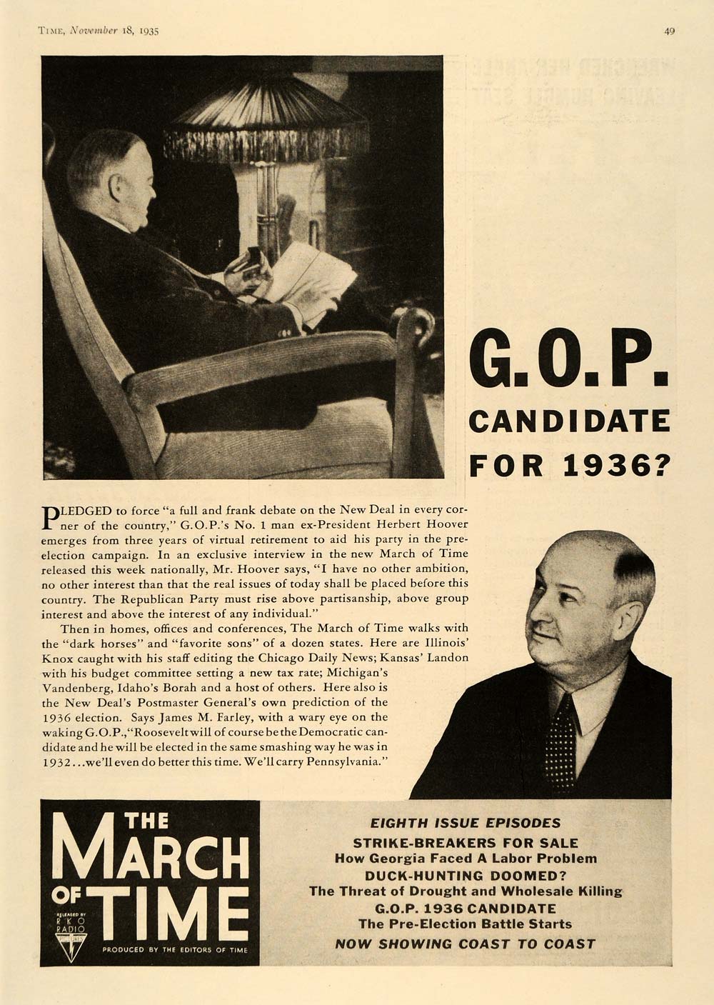 1935 Ad March Time RKO Radio 1936 Political Election - ORIGINAL ADVERTISING TM4