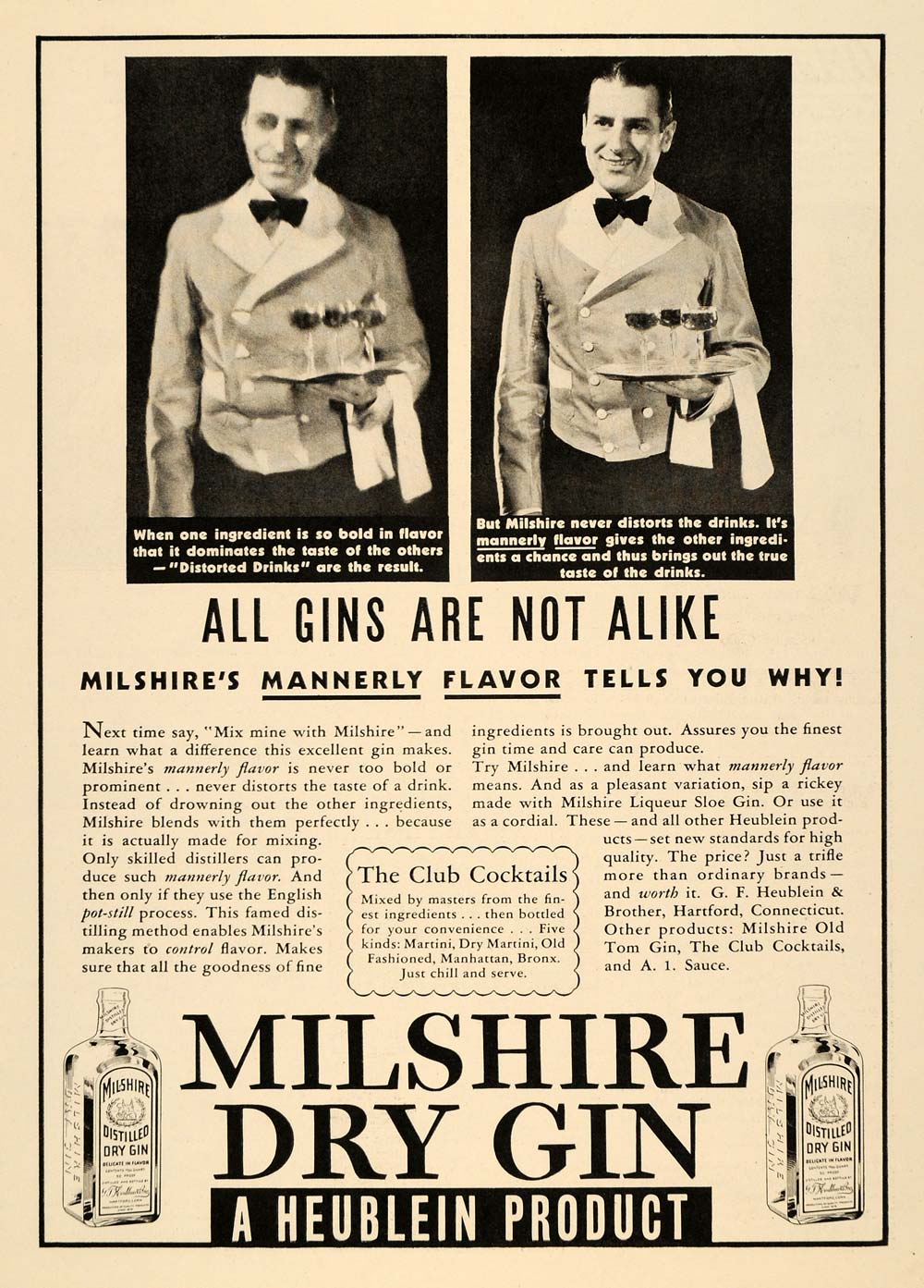 1935 Ad Heublein Milshire Dry Gin Waiter Server Platter - ORIGINAL TM4