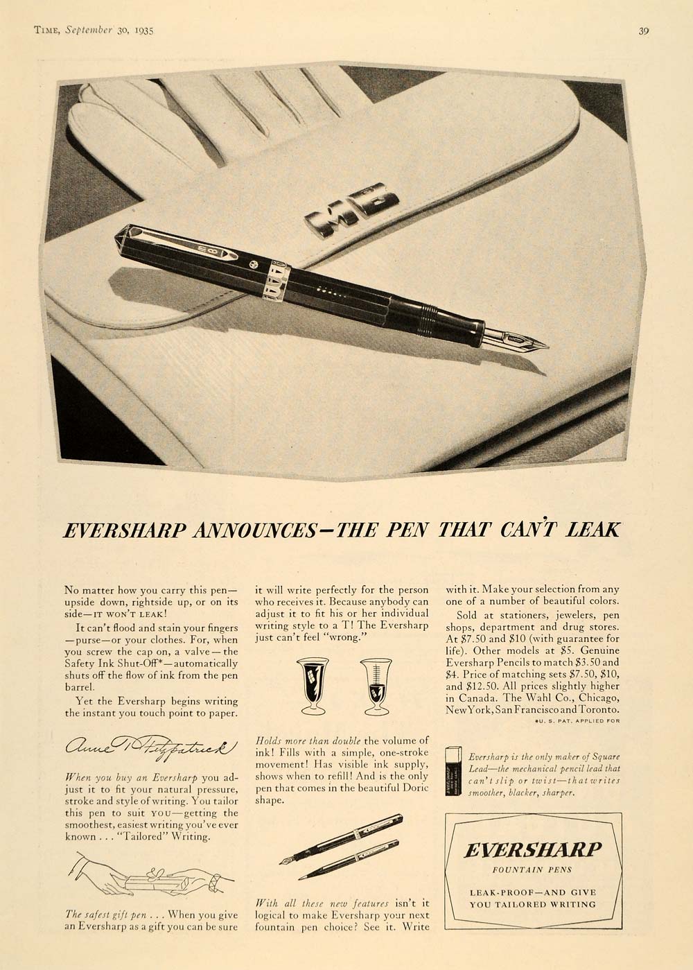 1935 Ad Wahl Eversharp Fountain Pens Leak-Proof Writing - ORIGINAL TM4