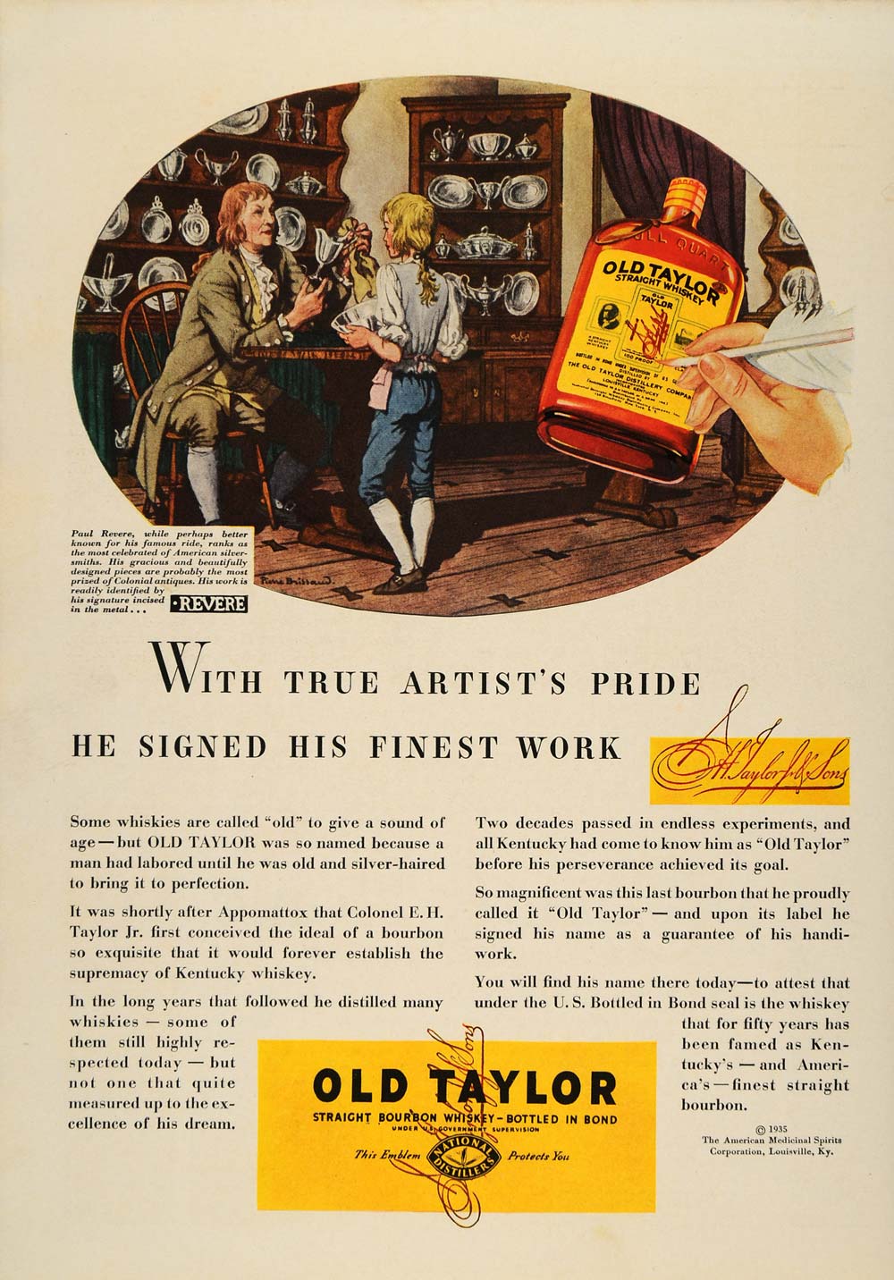 1935 Ad Old Taylor Whiskey Paul Revere Pierre Brissaud - ORIGINAL TM4