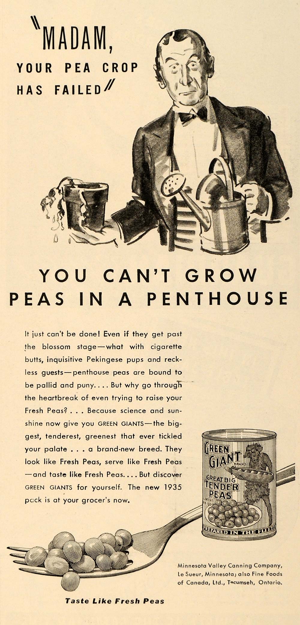 1935 Ad Minnesota Valley Canned Green Giant Peas Butler - ORIGINAL TM4
