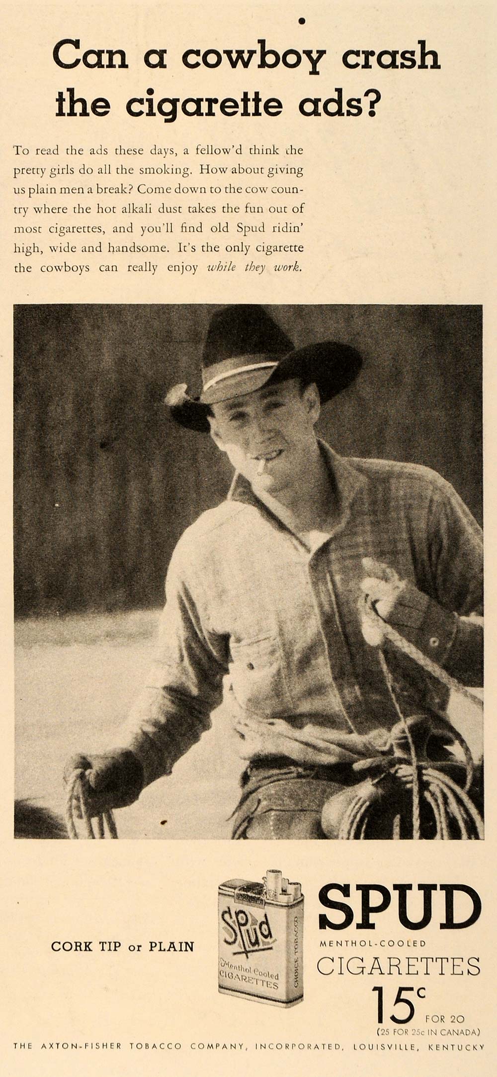 1935 Ad Axton-Fisher Tobacco Spud Cigarettes Cowboy - ORIGINAL ADVERTISING TM4